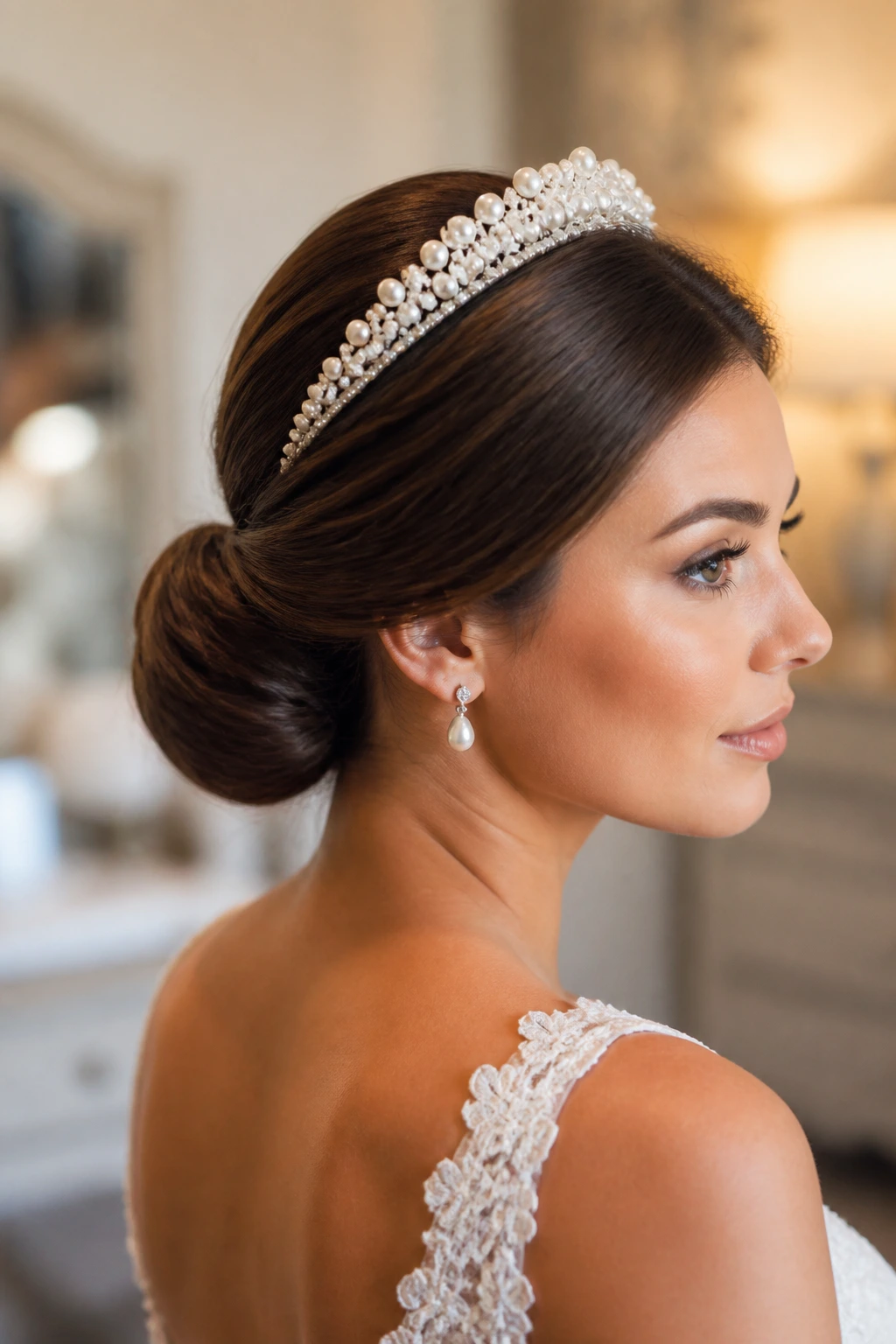 Close-up of a real bride with a sleek low chignon and pearl tiara