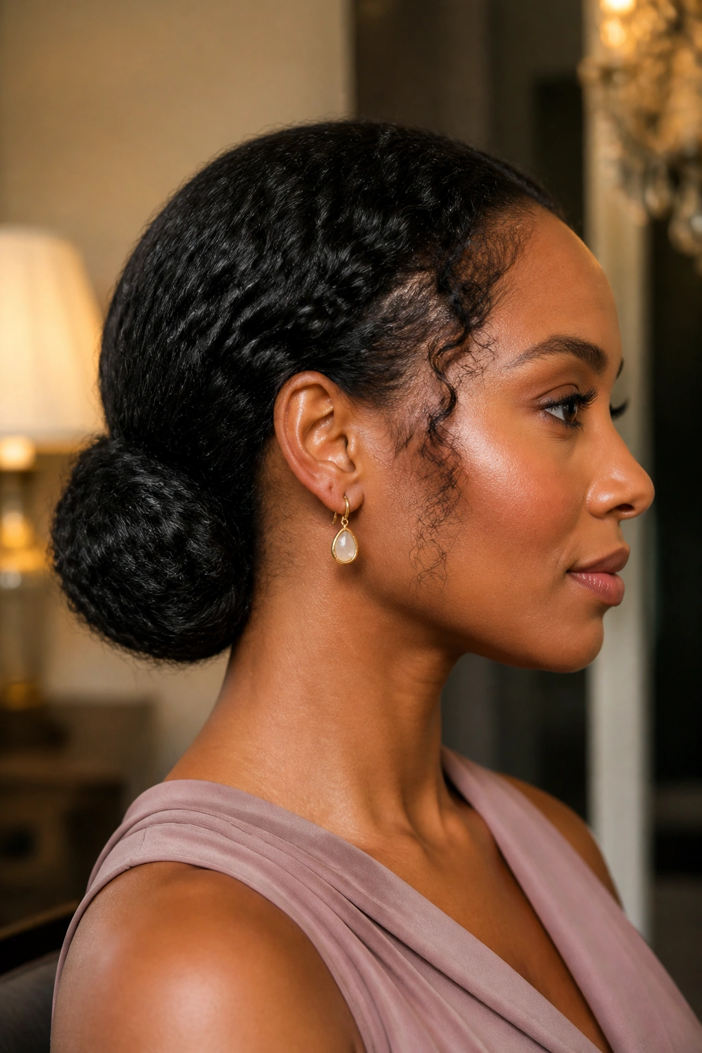 Close-up of a real woman with a rolled tuck into a low chignon at the nape.