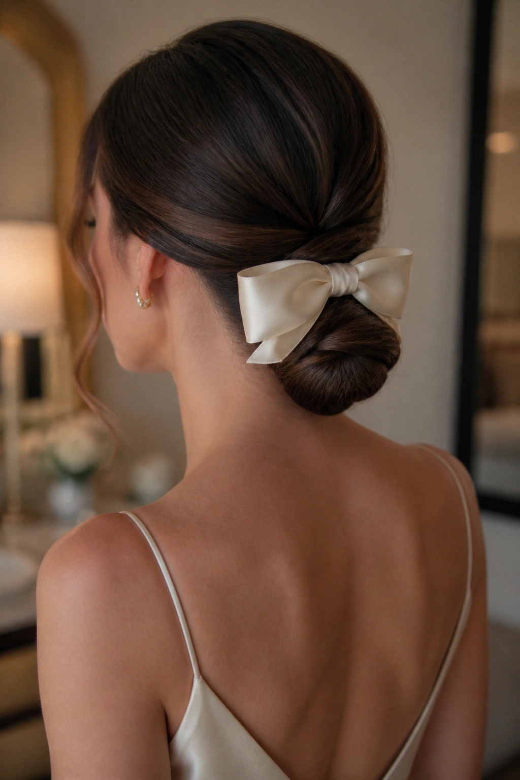 Close-up portrait of a real woman with a low chignon and satin bow at the nape in warm ambient light
