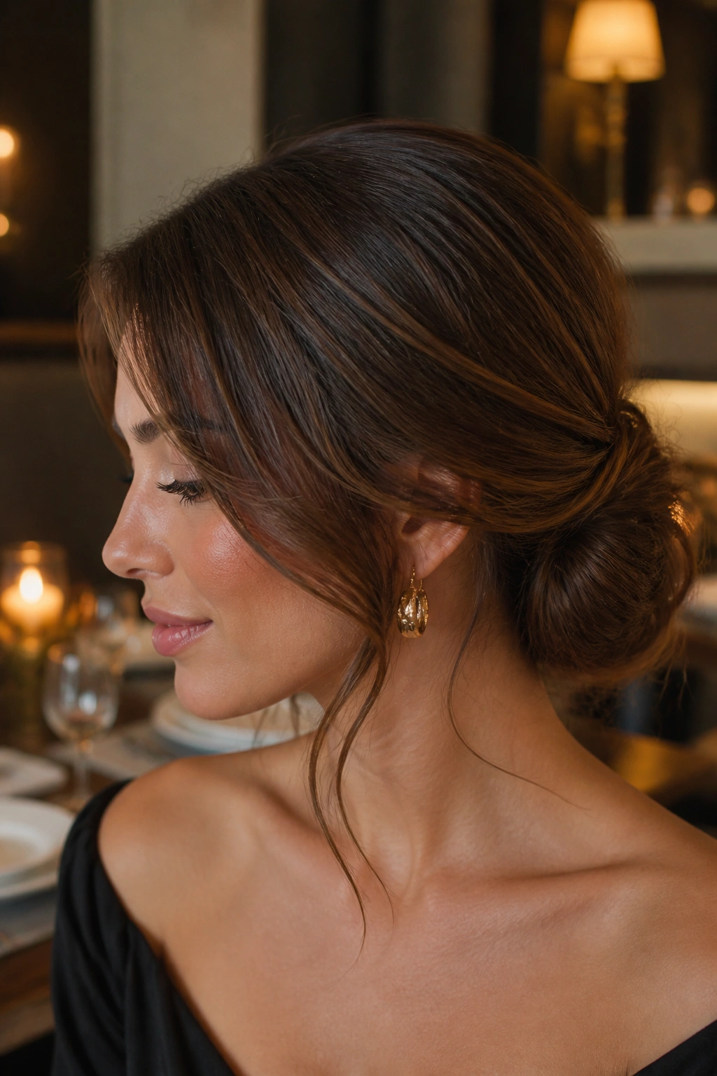 Close-up of a real woman with a low chignon and side-swept front in warm indoor lighting