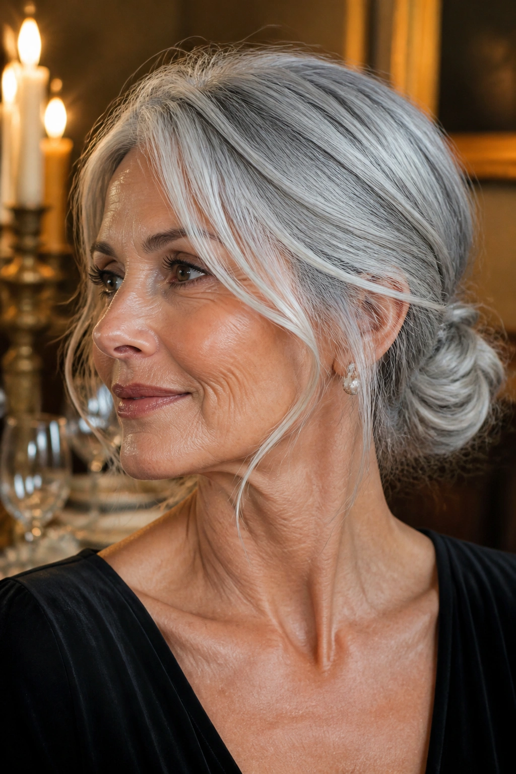 Gray-haired woman in a low chignon with loose silver pieces.