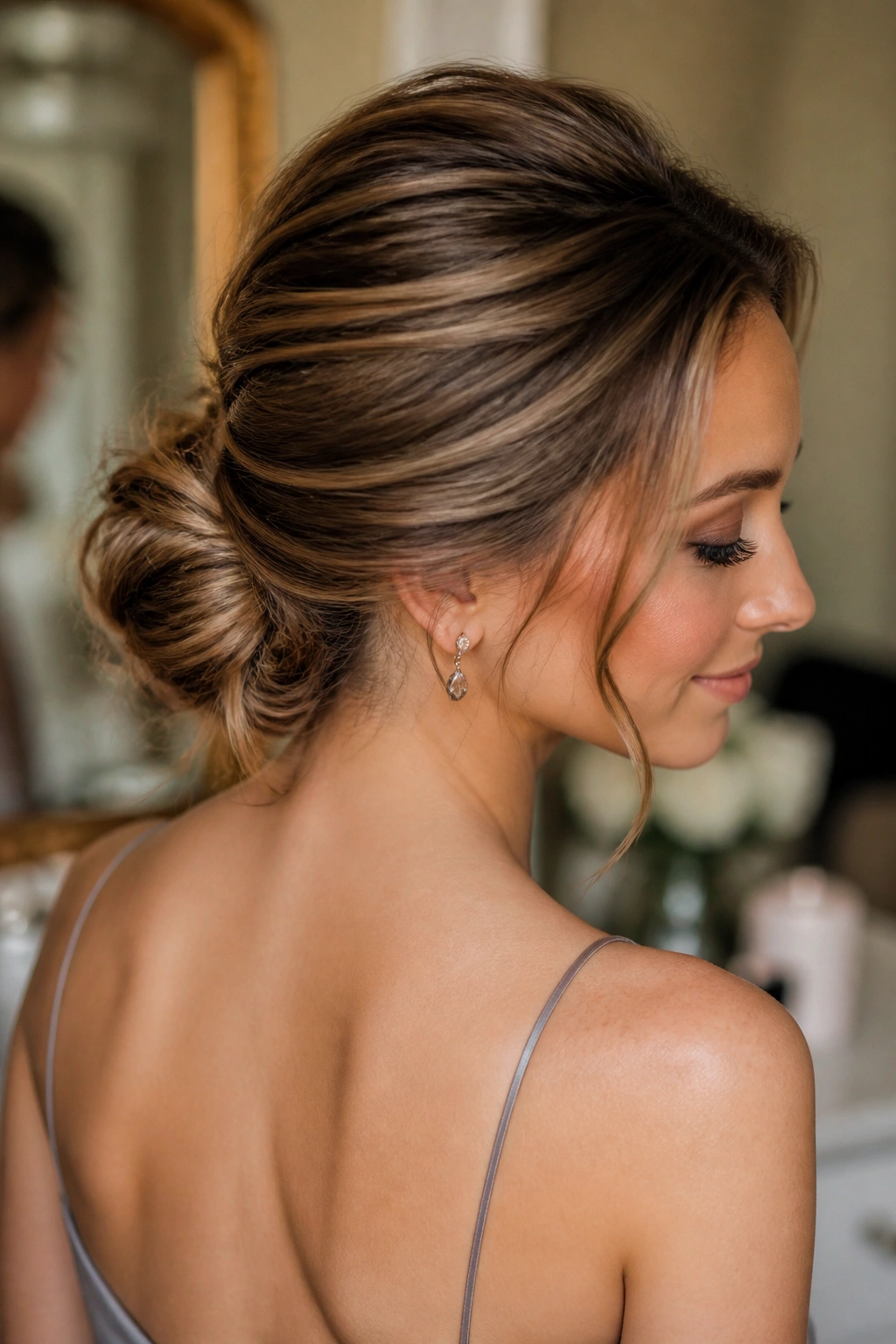 Close-up of real woman with low twisted chignon and teased crown