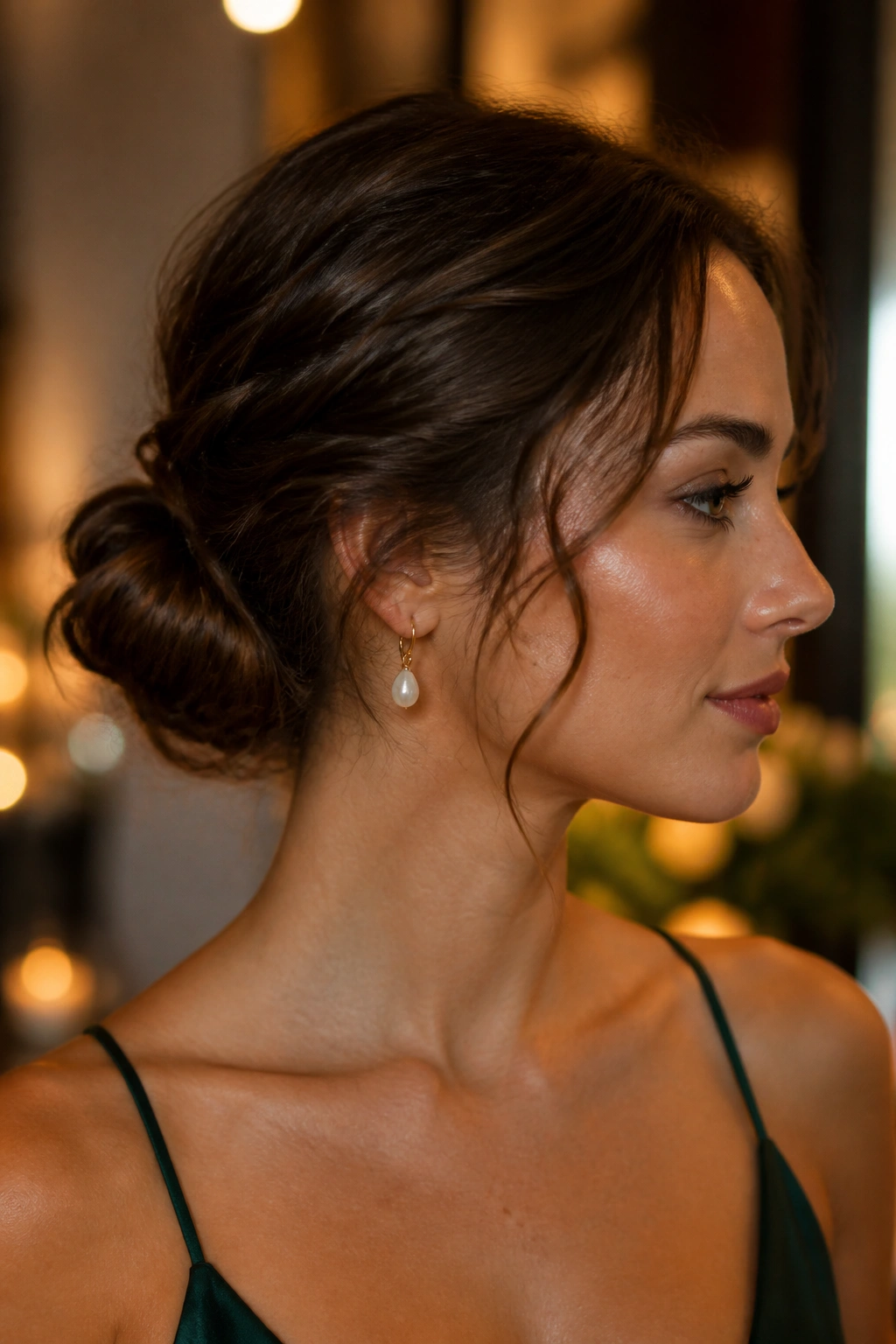 Portrait of a real woman with a low chignon and skimpy tendrils at the temples.