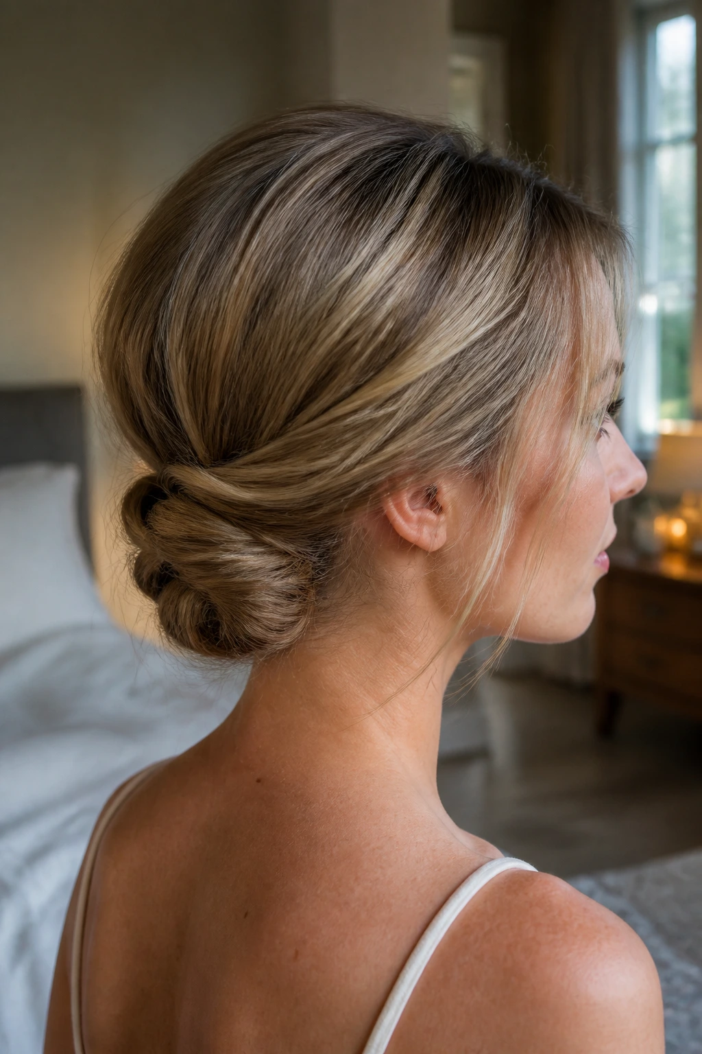 Close-up of a real woman's head showing a low twisted chignon at the nape.