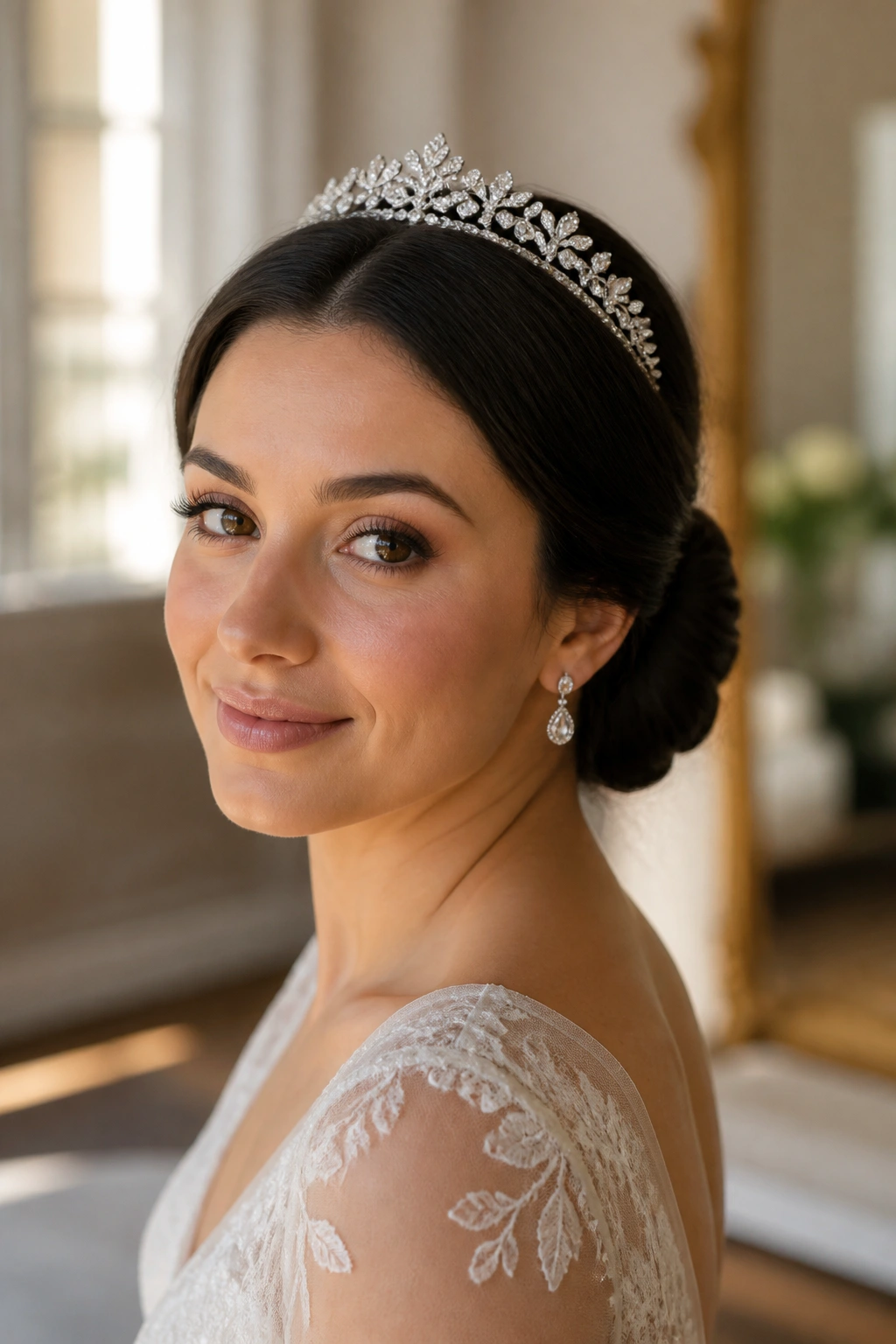 Close-up bridal portrait of a real woman wearing a crystal tiara atop a low chignon.