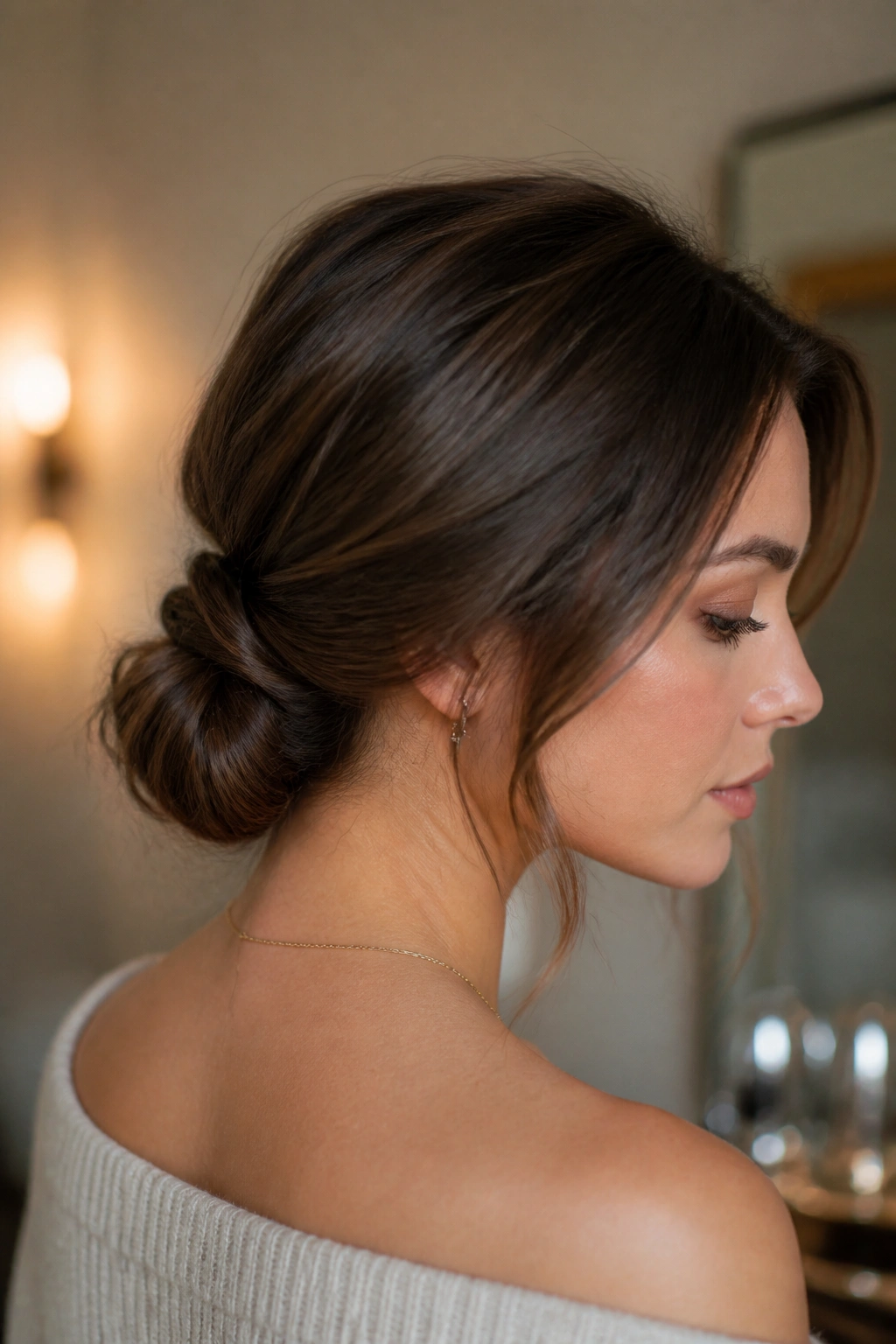 Brunette with a low chignon and tucked ends in warm lighting