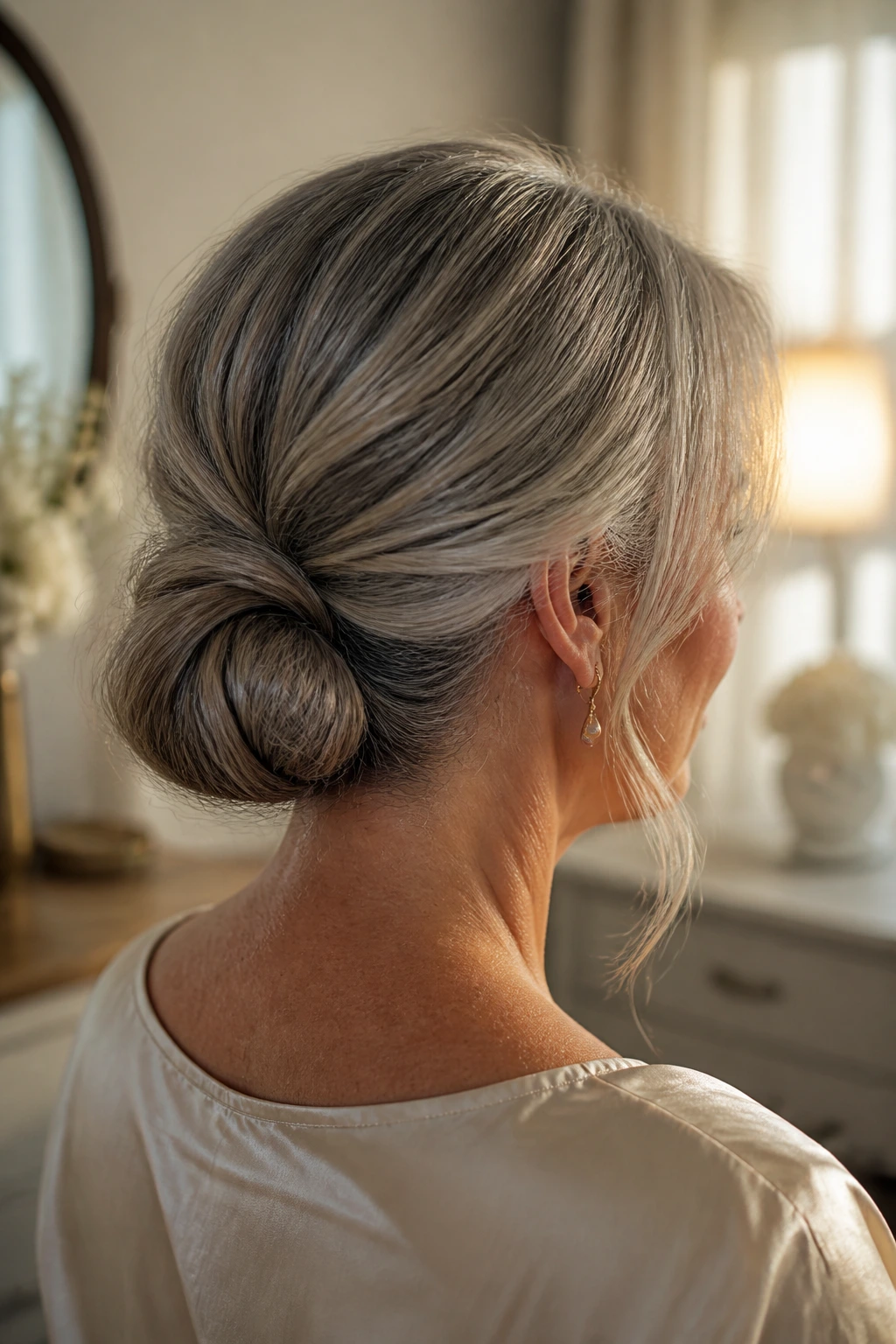 Rear three-quarter view of a real woman with a low chignon at the nape