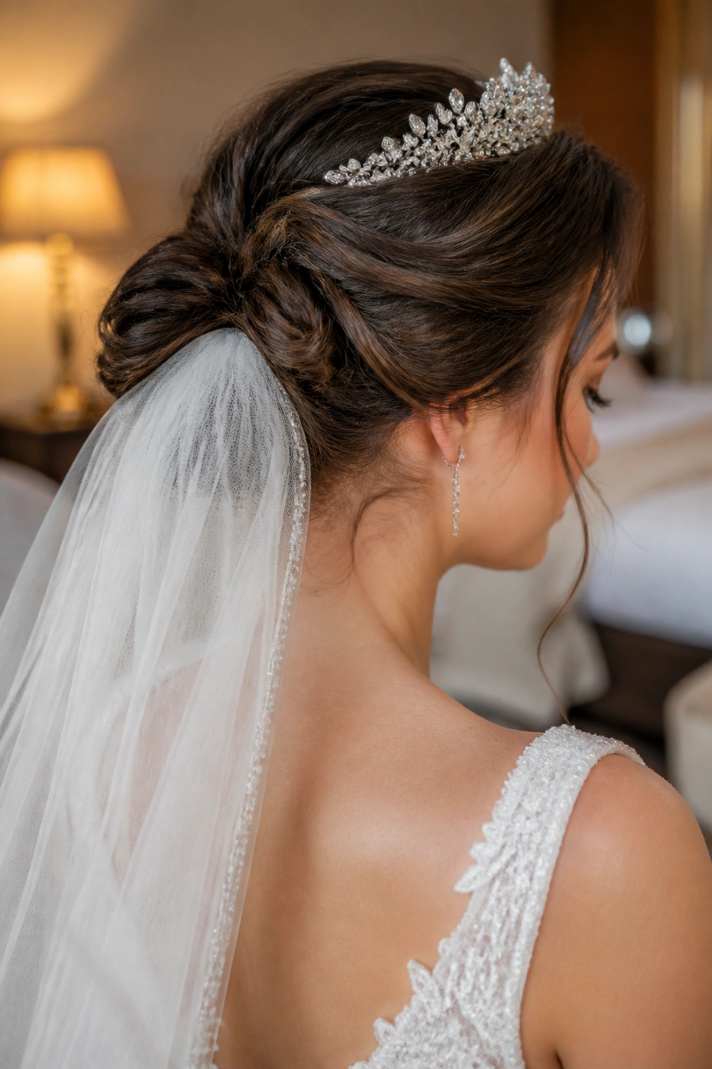 Close-up of a bride in a low chignon with veil-ready tiara