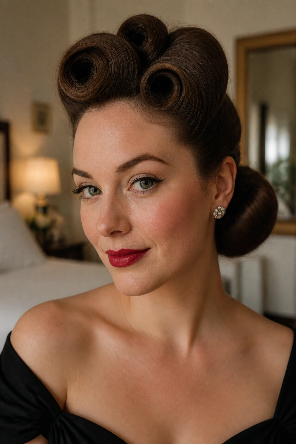 Close-up of a woman with high front rolls and a low nape chignon.