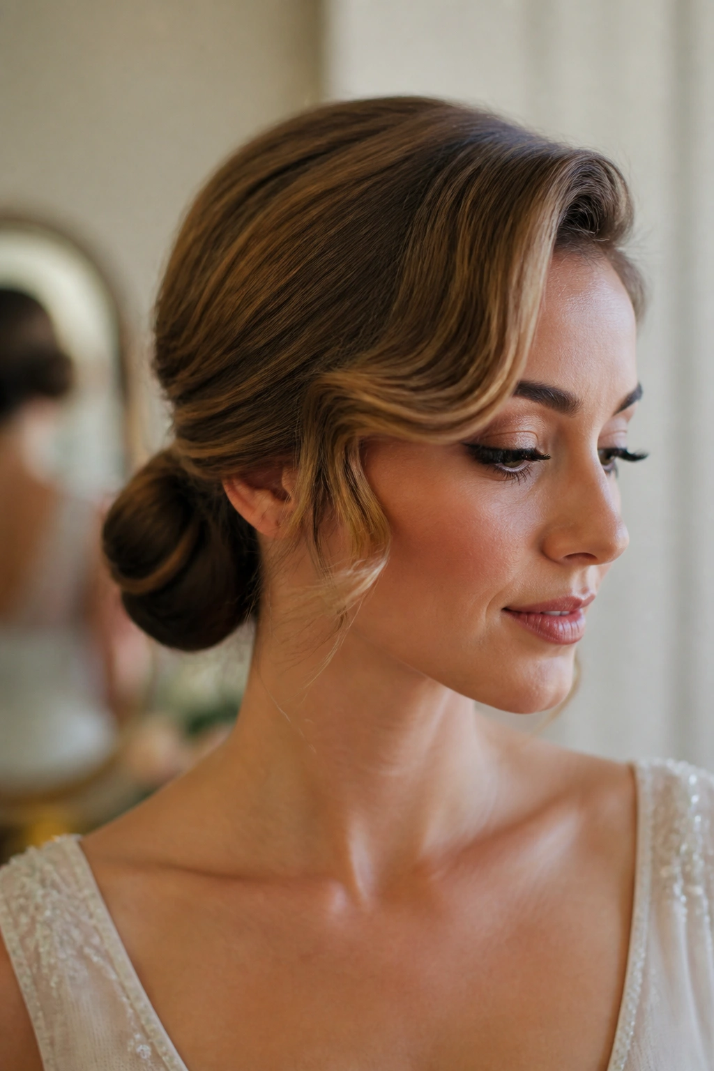 Close-up portrait of a real woman with a low chignon and wave front