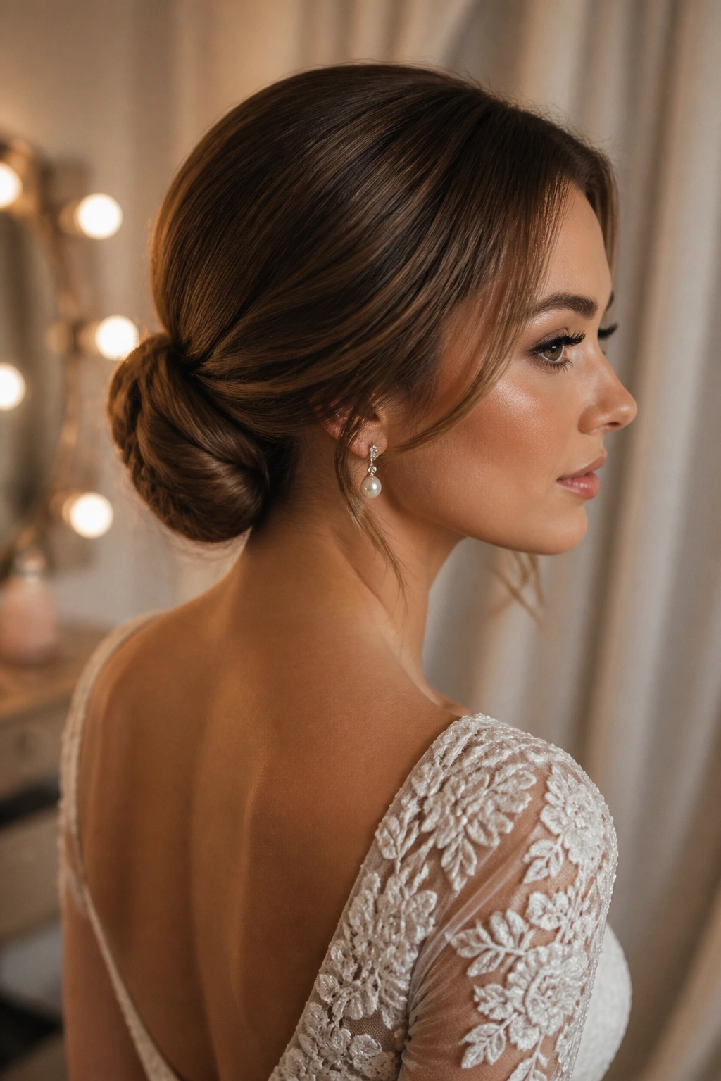 Close-up of real woman with low chignon at the nape