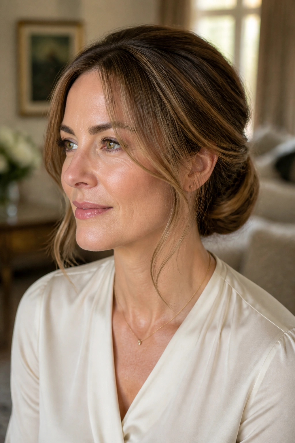 Close-up of a real woman with a low chignon and wispy face-framing pieces in a softly lit room