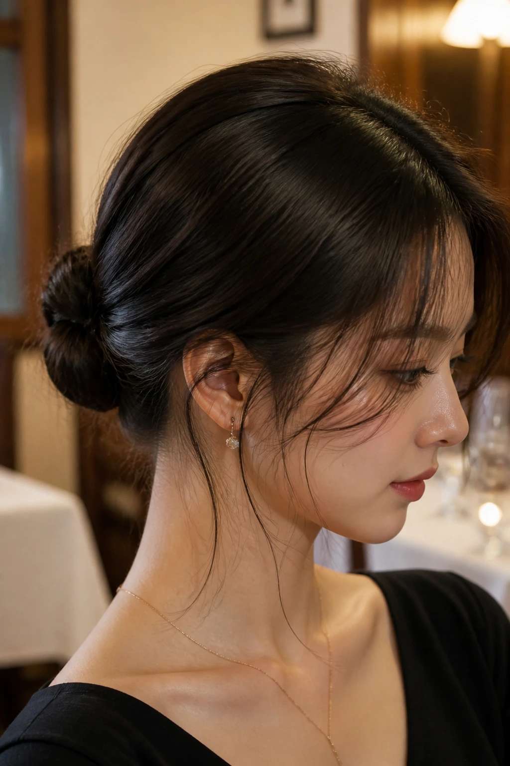 Real woman wearing a low chignon with wispy pieces around the face.