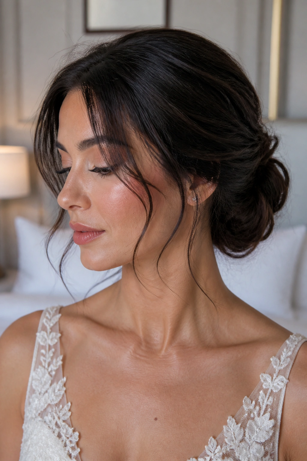 Bride wearing romantic low chignon with loose face-framing pieces