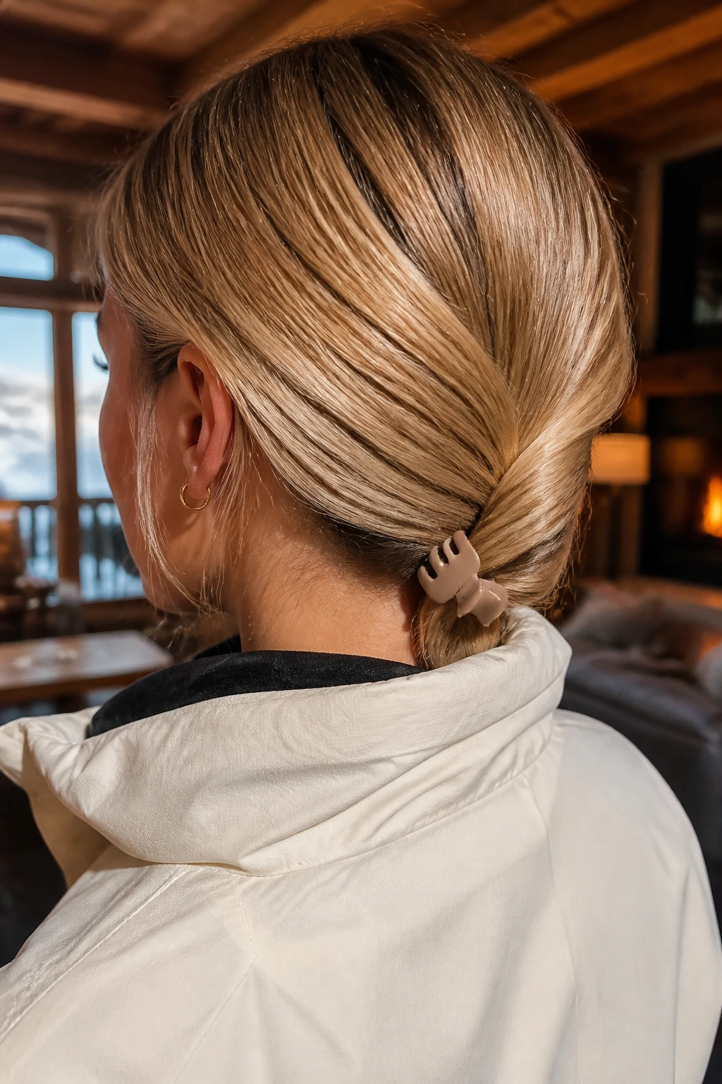 Close-up of a real woman showing a small flat claw clip at the nape securing a low twist.