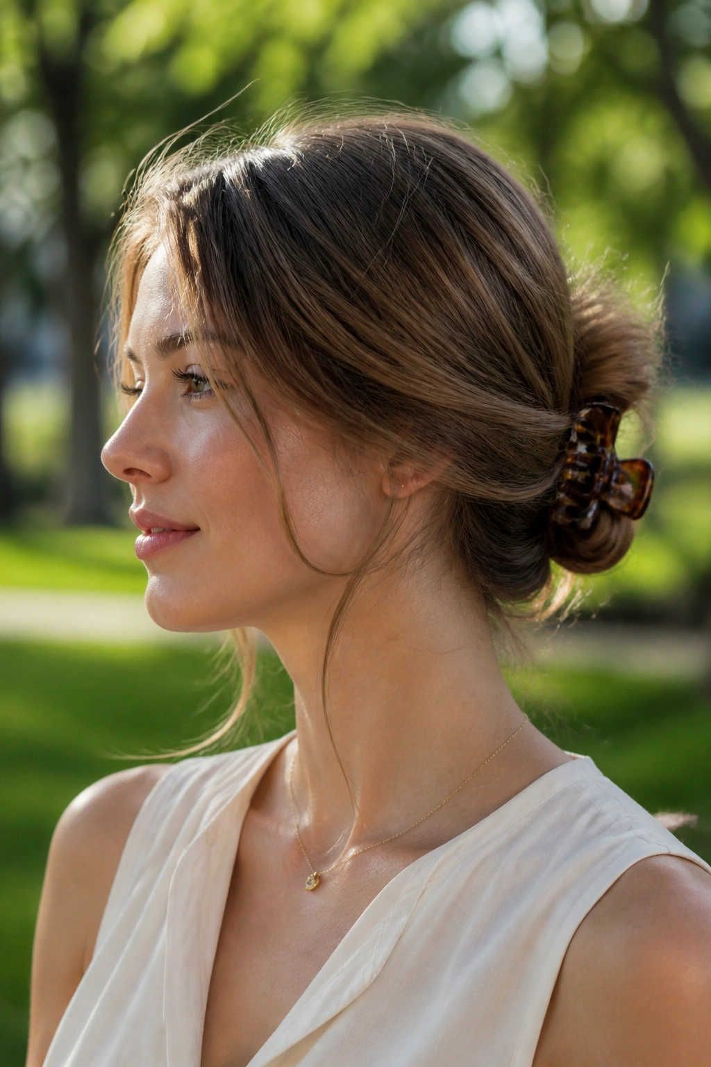 Portrait of a real woman with a low claw-clip twist at the nape