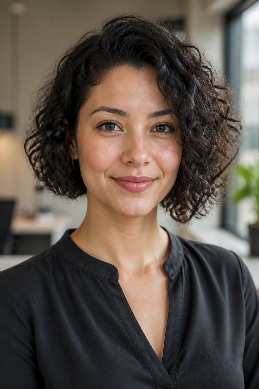 Real person with subtle asymmetrical bob suitable for office.