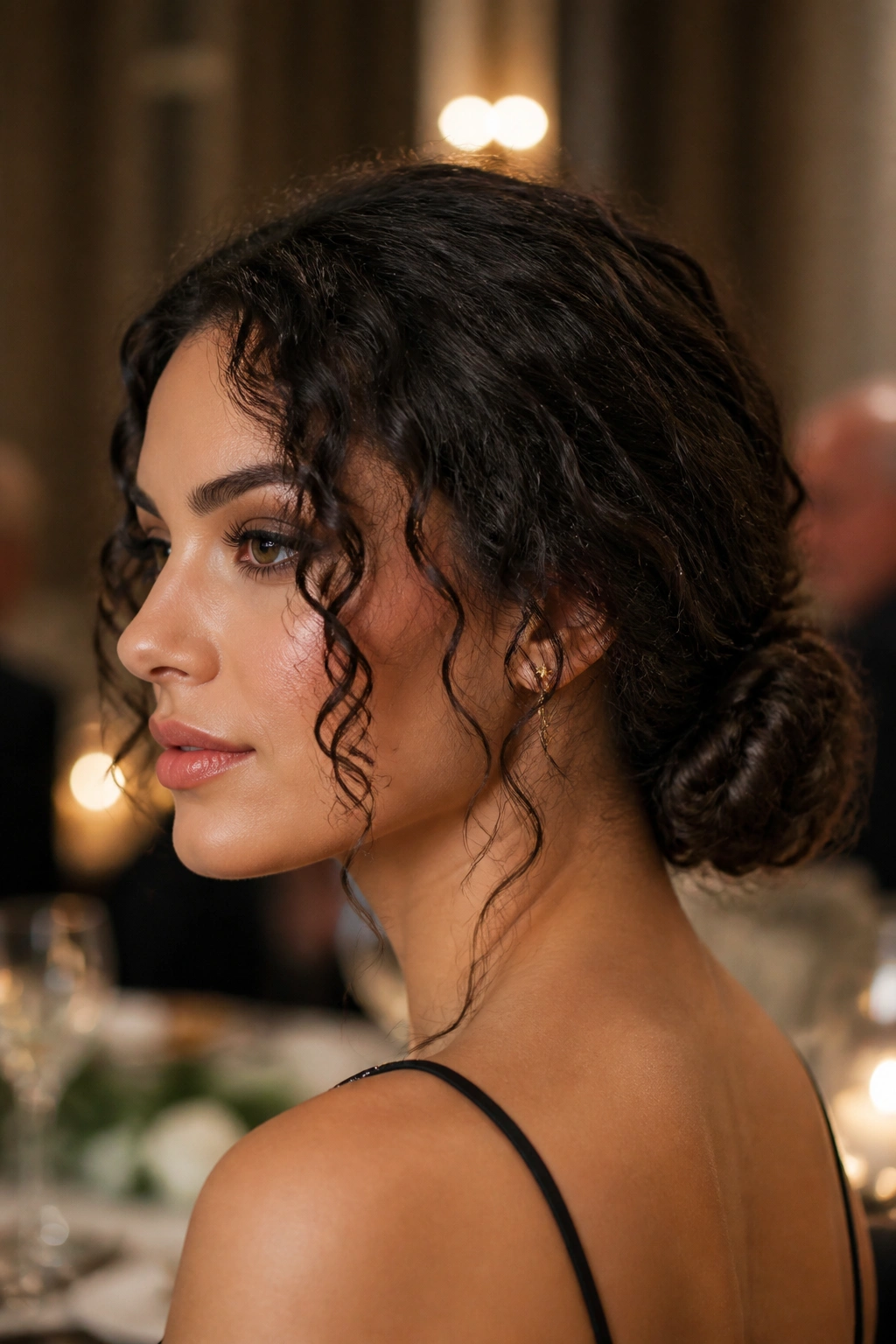 Close-up of a real woman with a low curly bun and tendrils framing the face in warm evening light