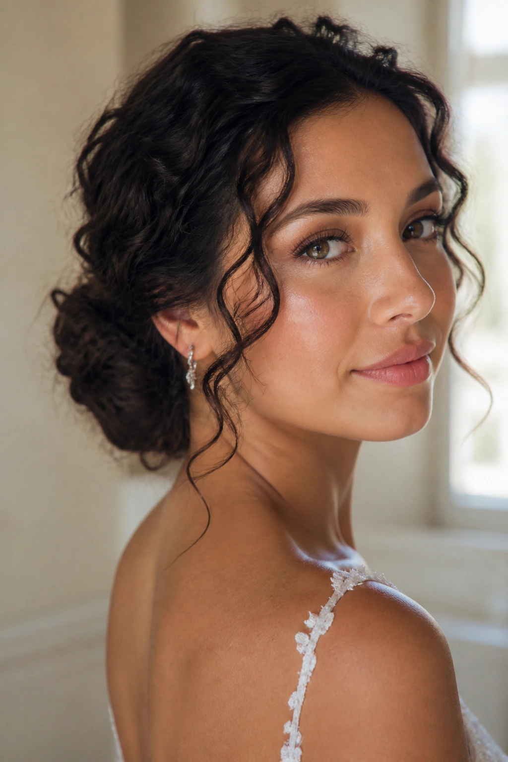 Close-up of a real bride with a low curly chignon and face-framing curls in a softly lit bridal suite