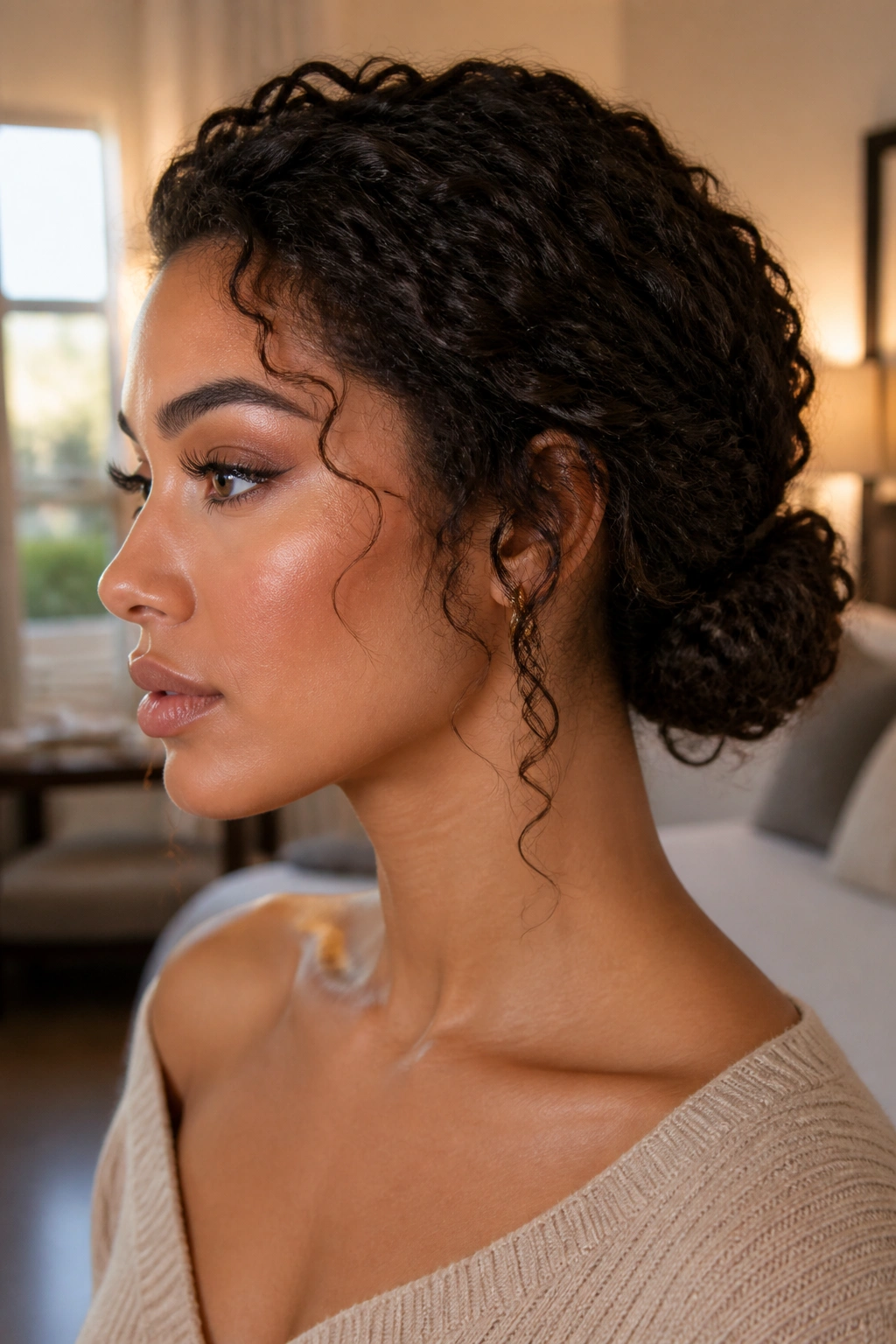 Real woman wearing a low curly chignon at the nape with temple wisps.