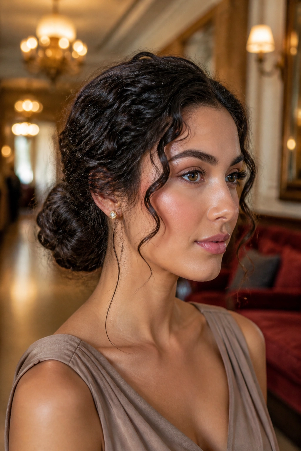 Close-up of a real woman with a low curly chignon and tendrils