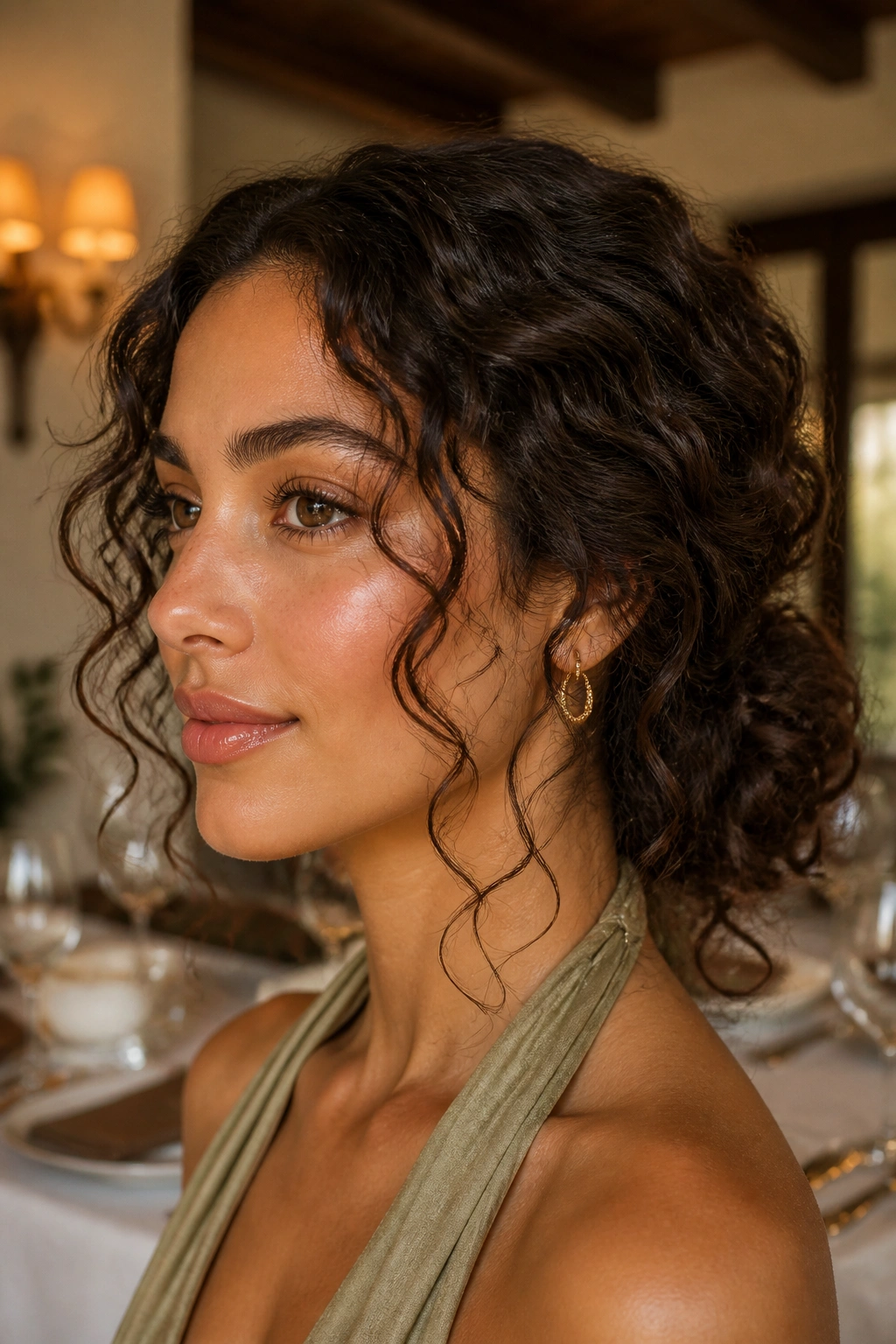 Close-up of a real woman with a low curly chignon and delicate tendrils