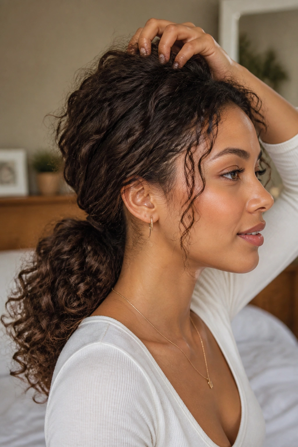 Close-up of a real woman with a low curly ponytail and soft crown lift.