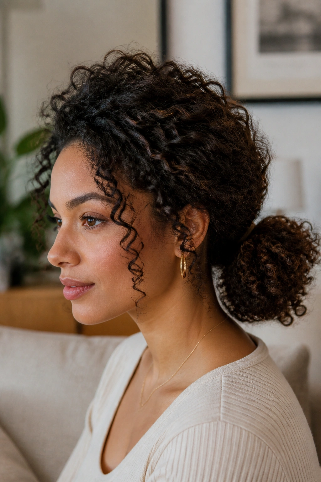 Real woman with a low curly ponytail and crown volume