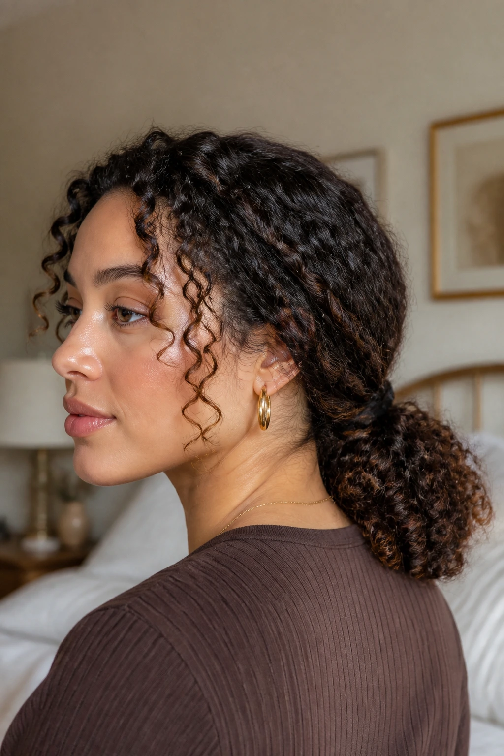 Close-up of a real woman with a low curly ponytail and wrapped base at the nape.