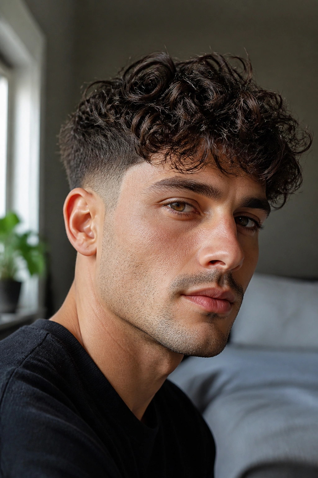 Close-up of a man with a low fade and loose curls in natural bedroom light