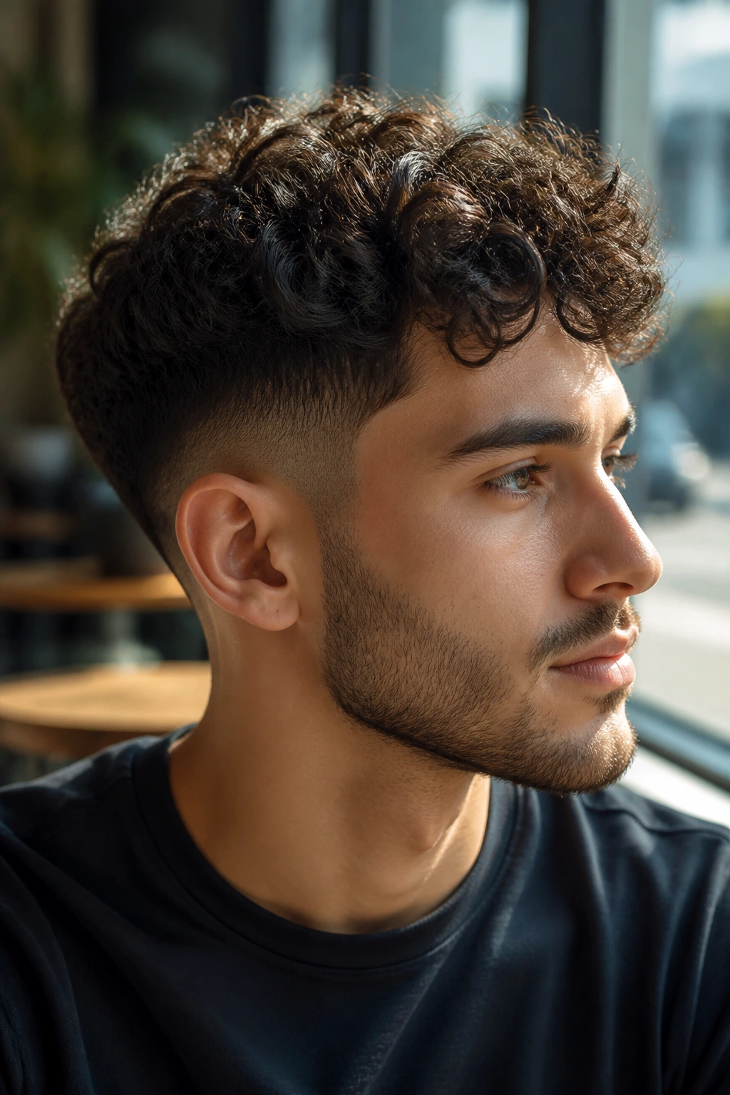 Close-up of a man with low fade curly undercut and soft edge