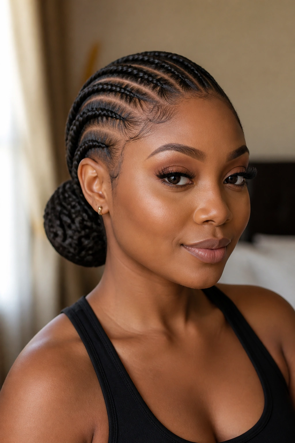 Close-up of a real woman with a low braided bun made from feed-in braids