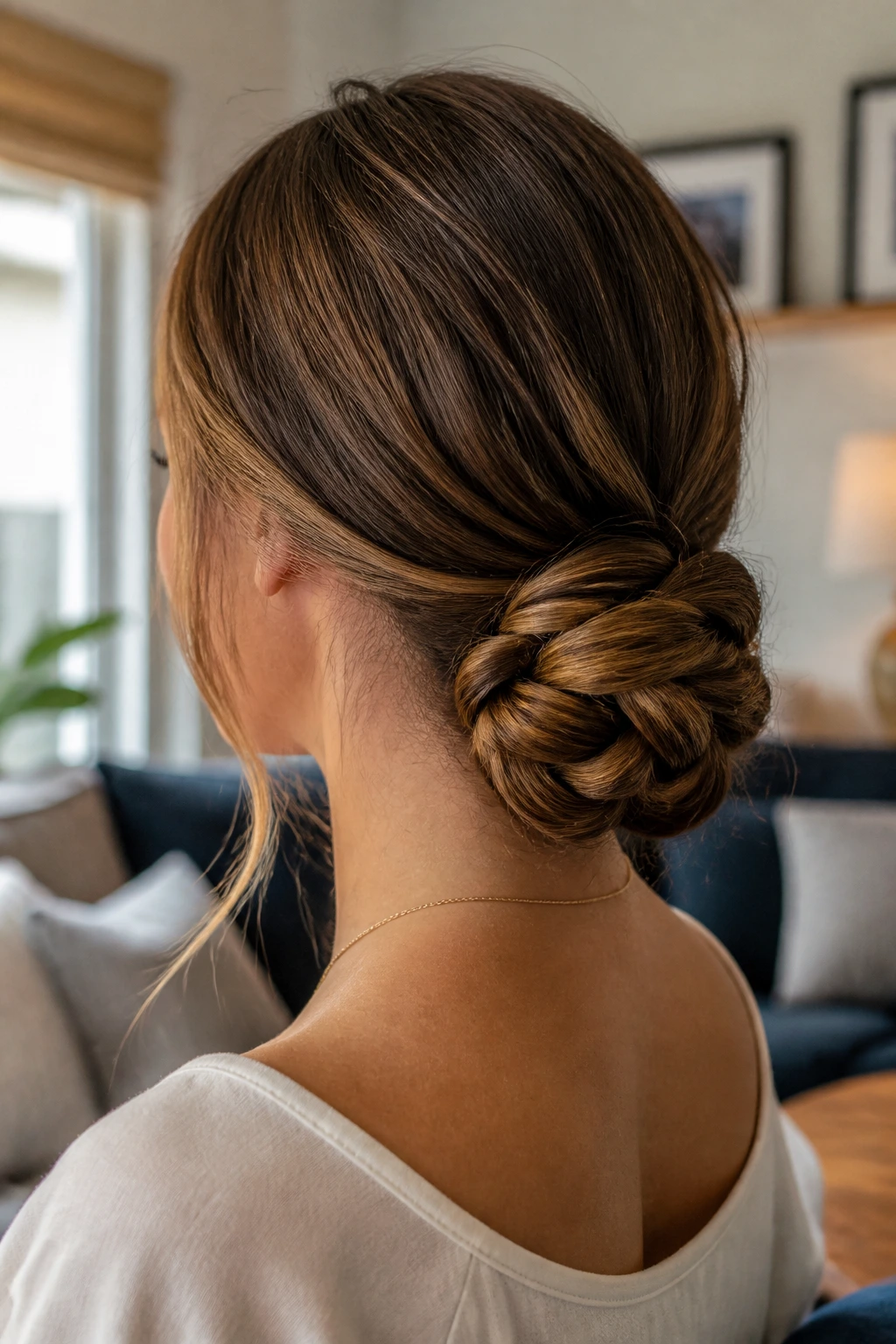 Close-up back view of a real woman with a low fishtail bun at the nape.