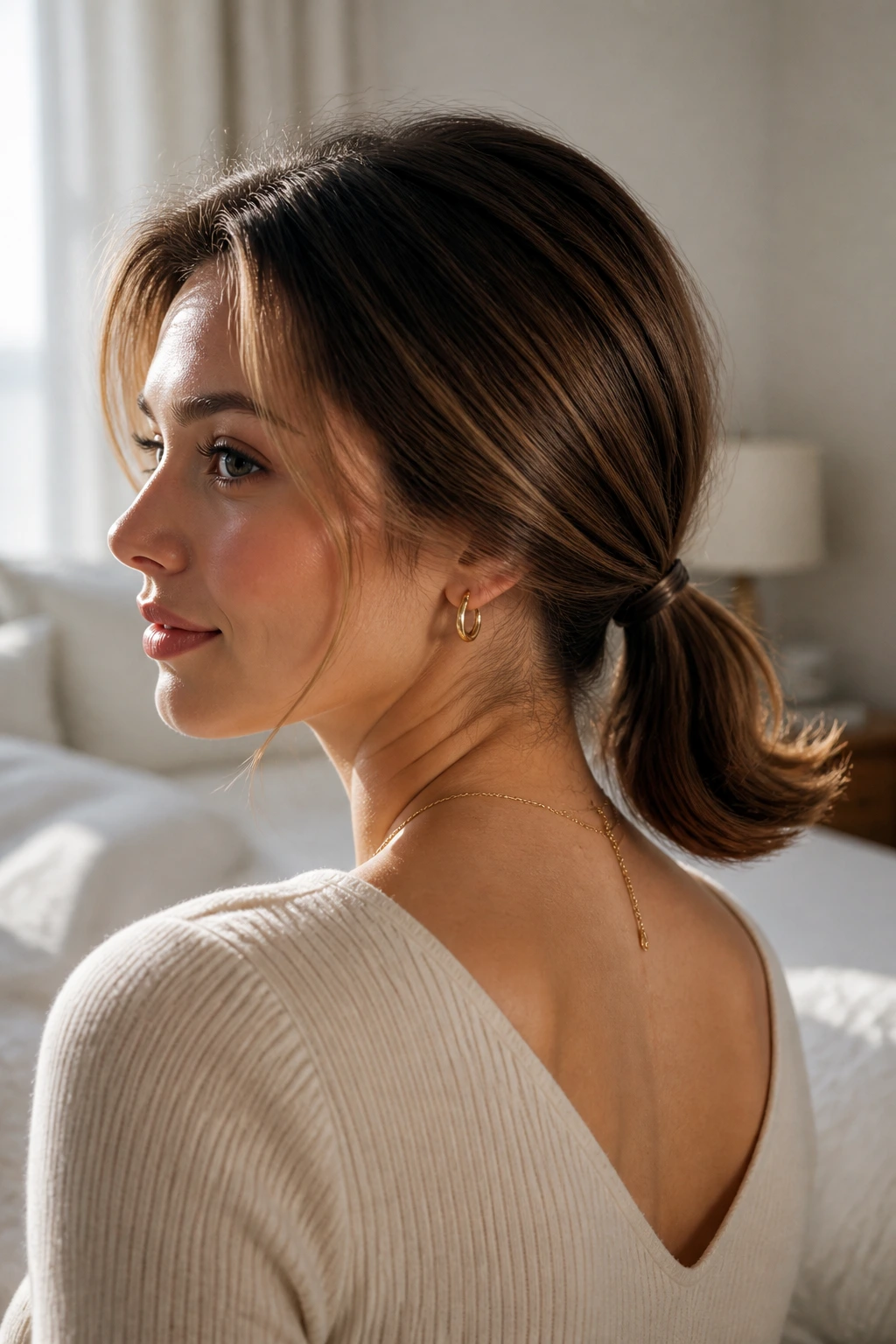 Close-up portrait of a real woman with a low ponytail featuring flipped ends at the nape