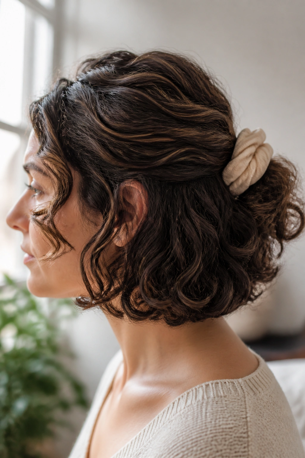 Close-up of low folded half-up with soft scrunchie on curly bob