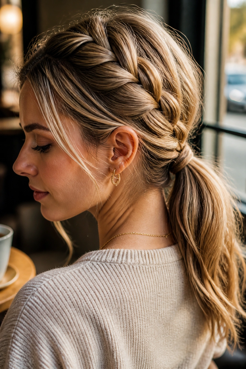 Close-up of a woman with a low French braid into a ponytail at the nape