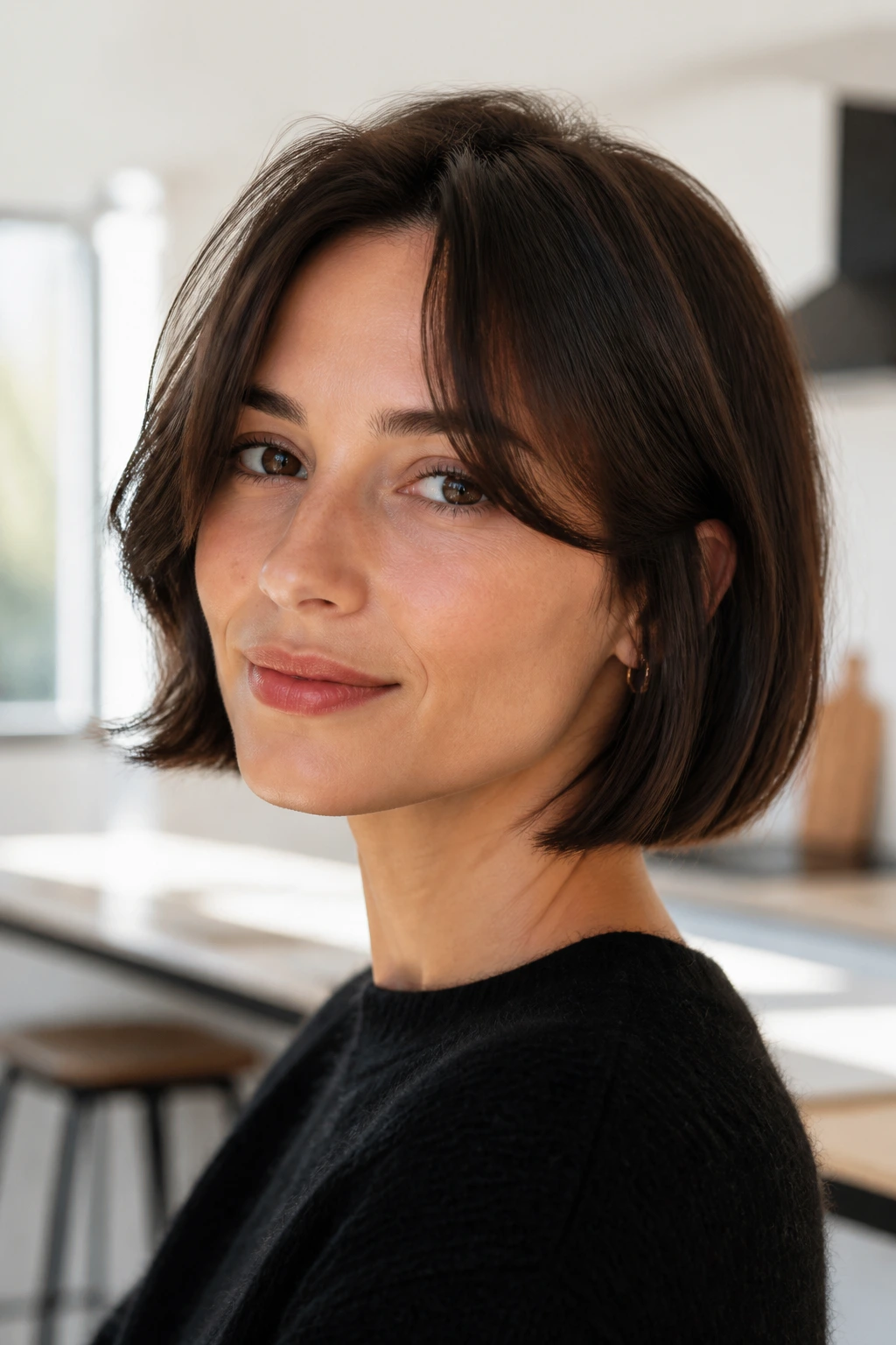 Close-up portrait of a real woman with a low-fuss French bob that holds shape