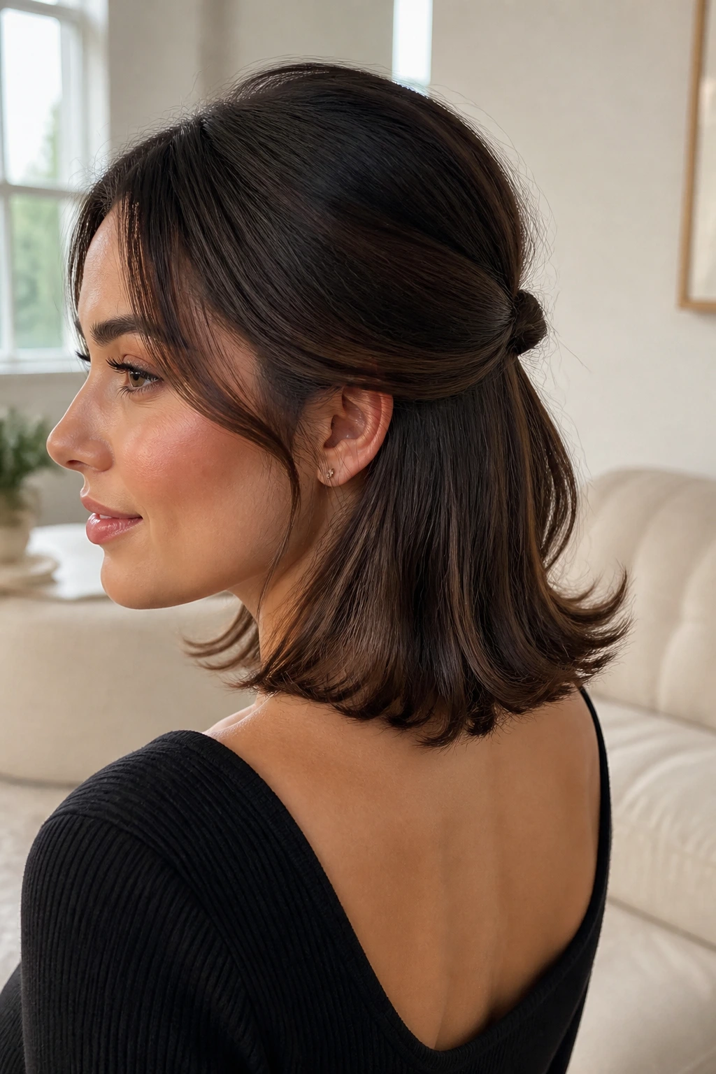 Close-up portrait of a real woman with a low half-up and flipped ends hairstyle