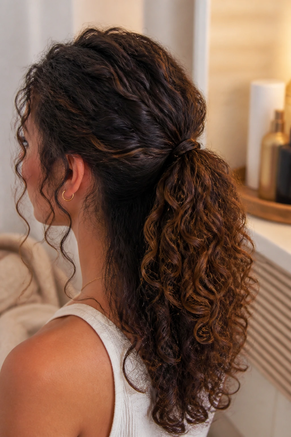 Close-up of a person with a low half-up ponytail at the occipital bone