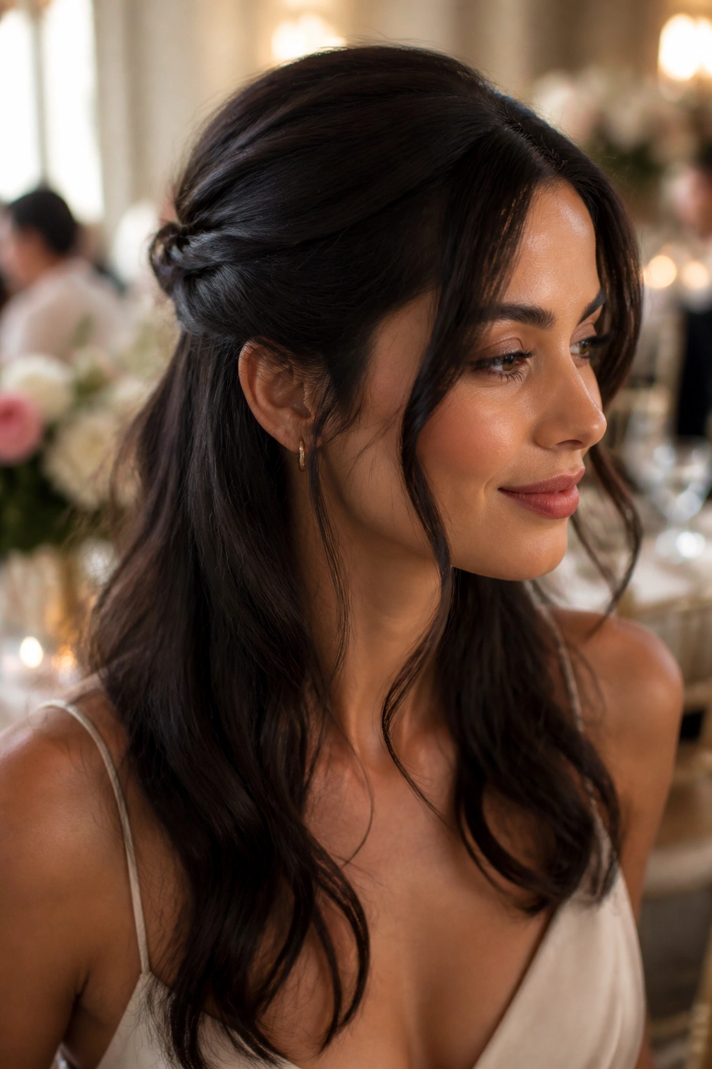 Close-up portrait of a real woman with half-up twist and face-framing pieces for a wedding look