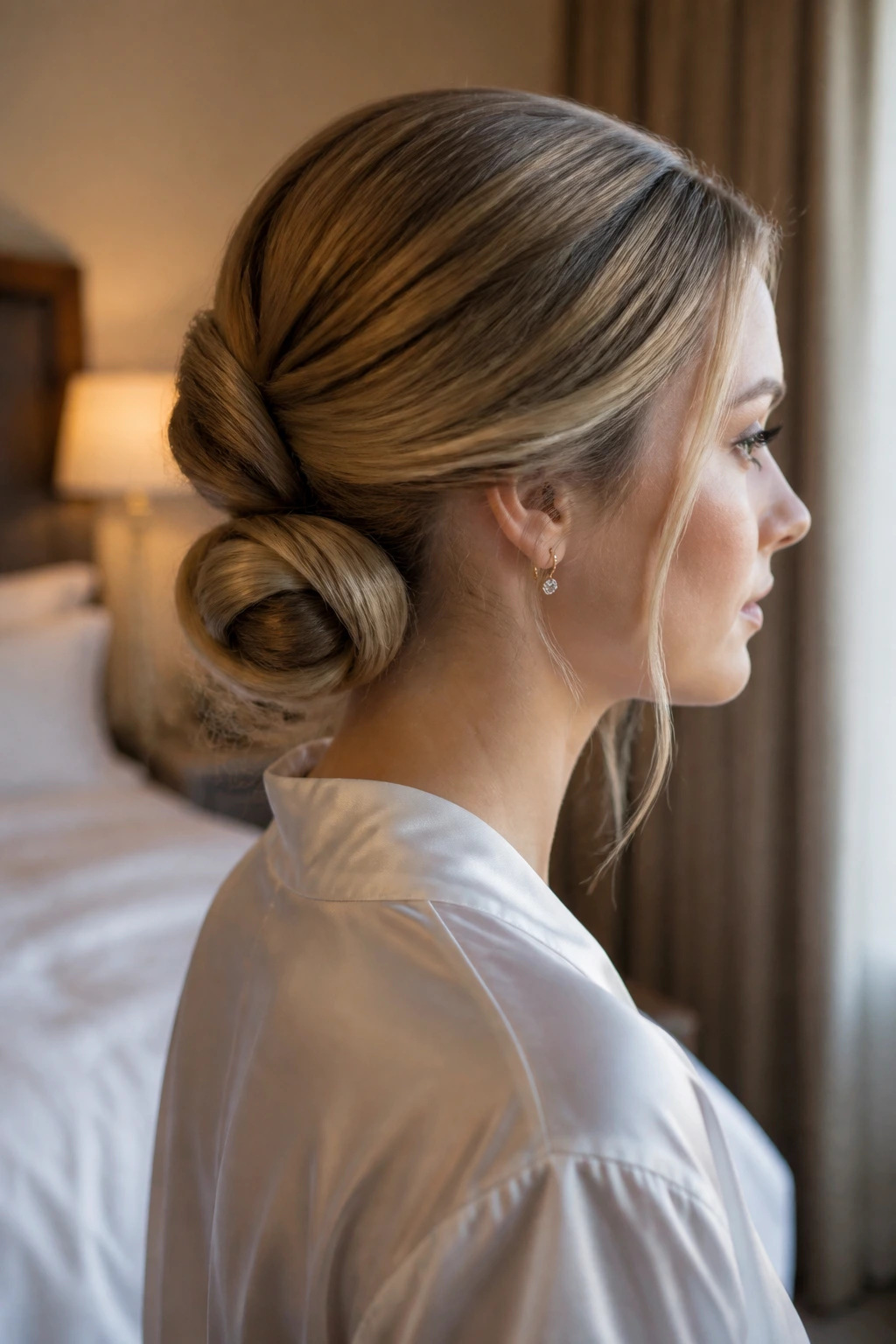 Close-up side portrait of a real woman showing a low infinity twist knot at the nape.
