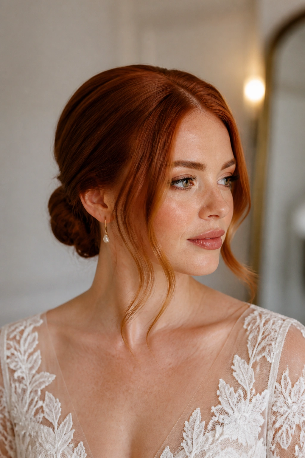 Close-up of a real woman with a sleek low knot and face-framing pieces on auburn hair.