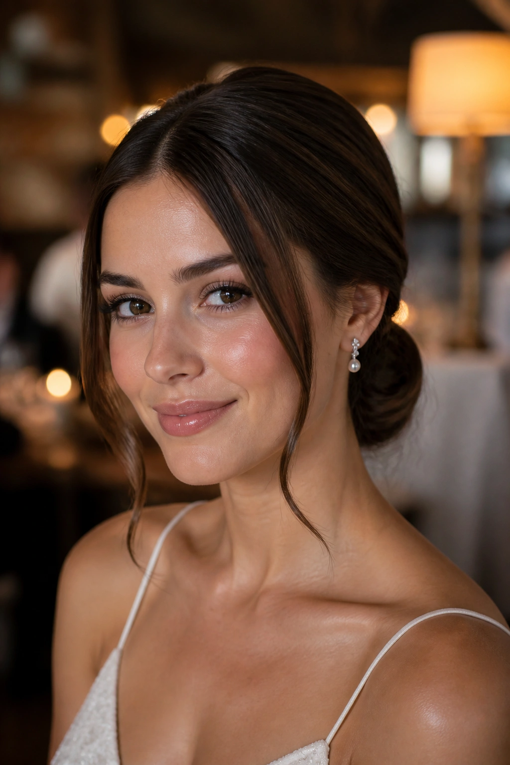 Bride with low knot and narrow face-framing pieces