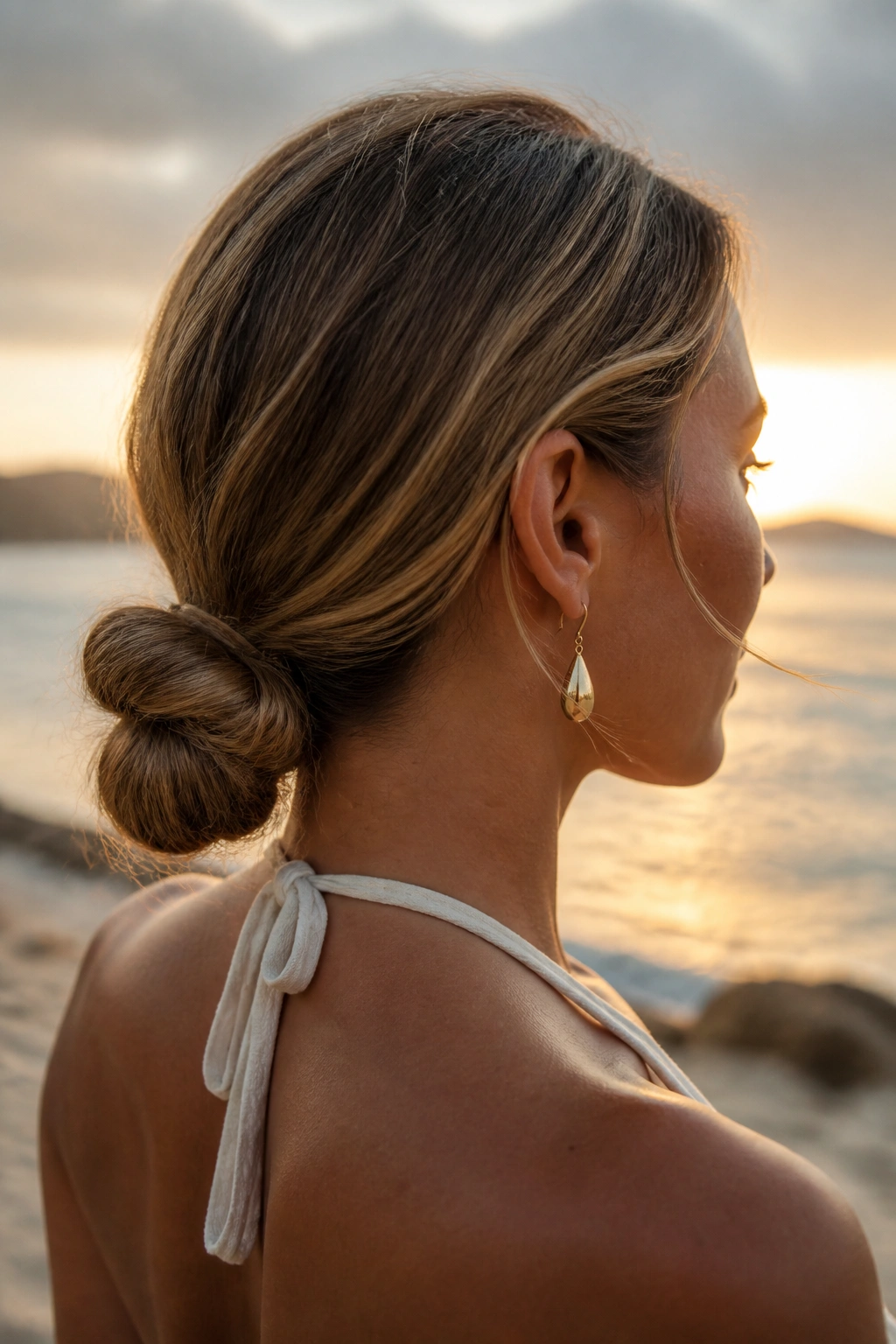 Close-up of a real woman with a low knot bun at the nape on the beach.
