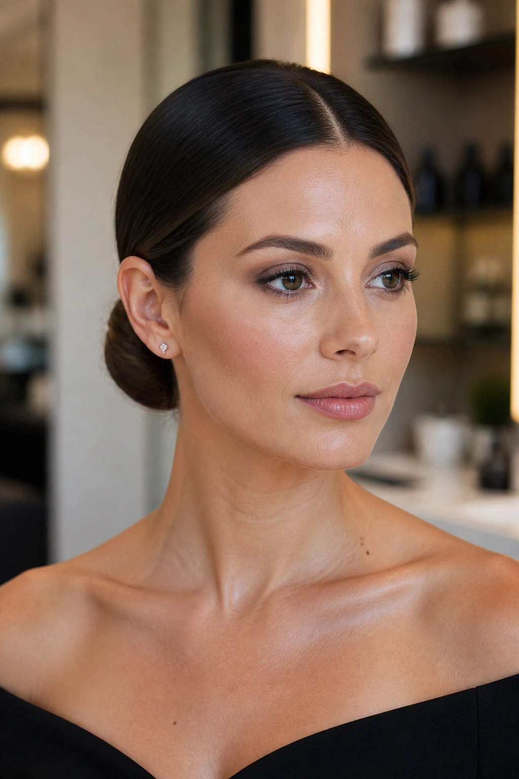 Close-up of a real woman with a center-part low knot at the nape