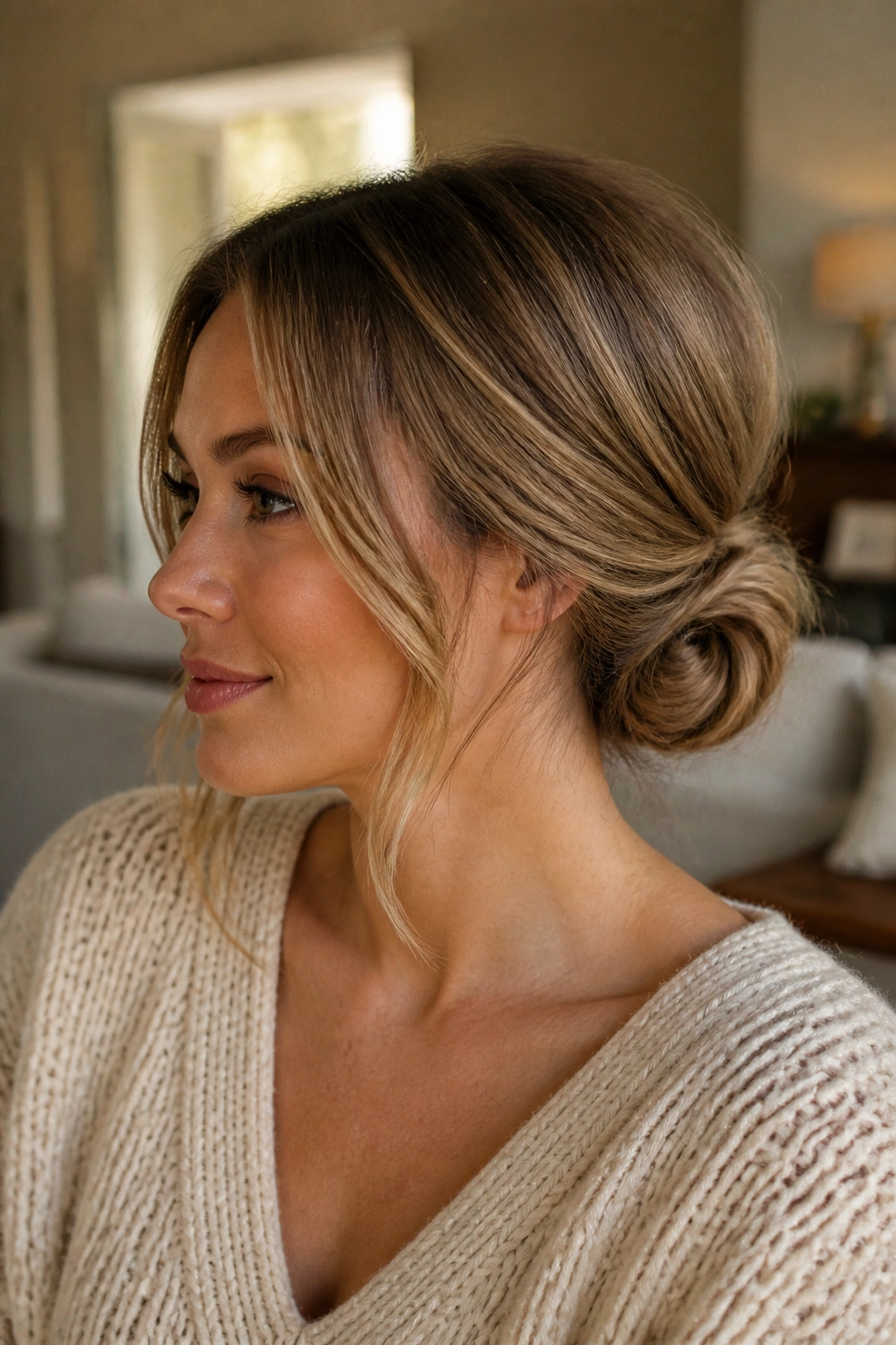 Close-up of a real woman wearing a Low Knot With Face-Framing Pieces hairstyle with soft side pieces