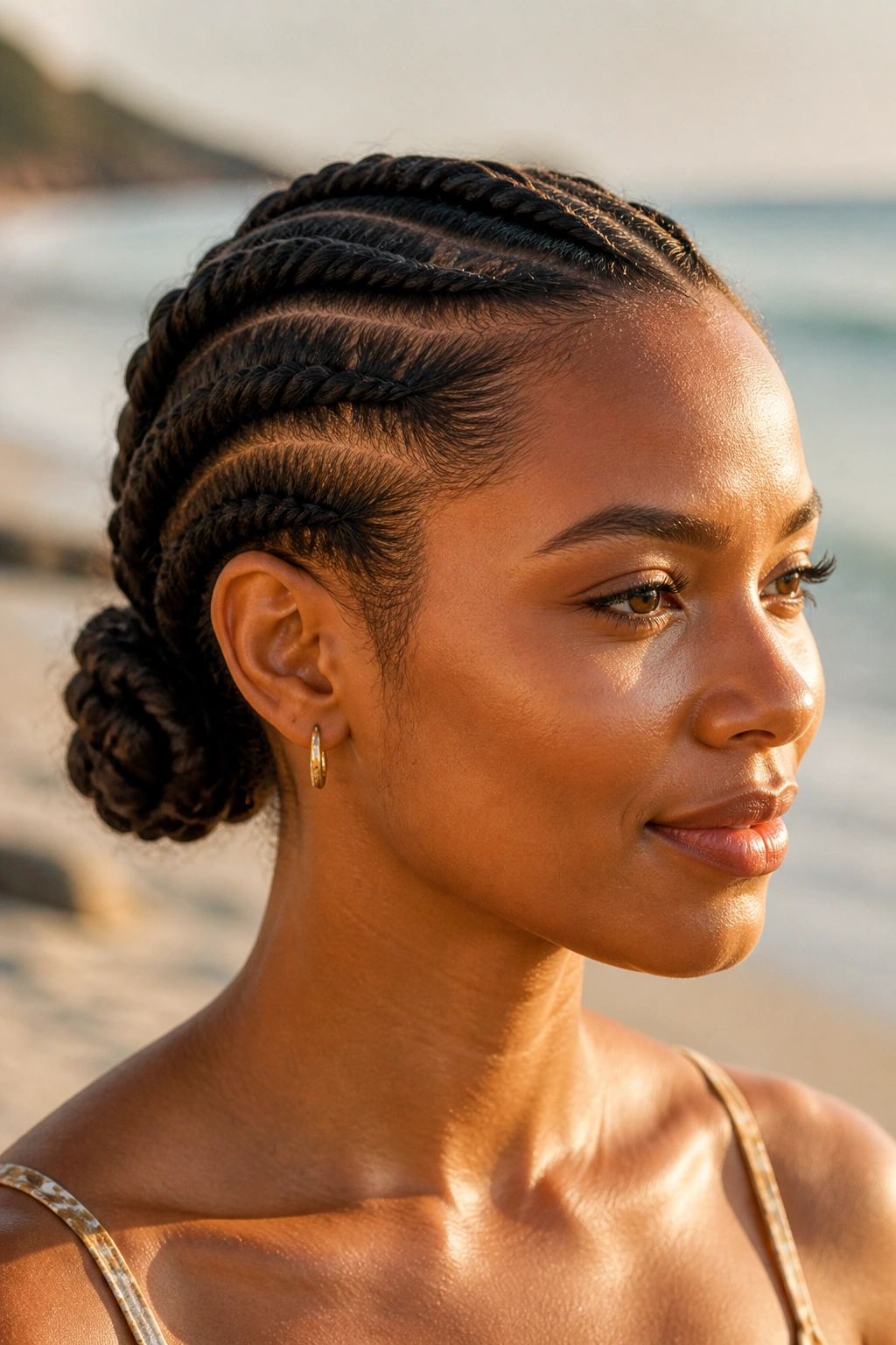 Close-up of a real woman with a low knot with flat twists at the crown on a sunny beach