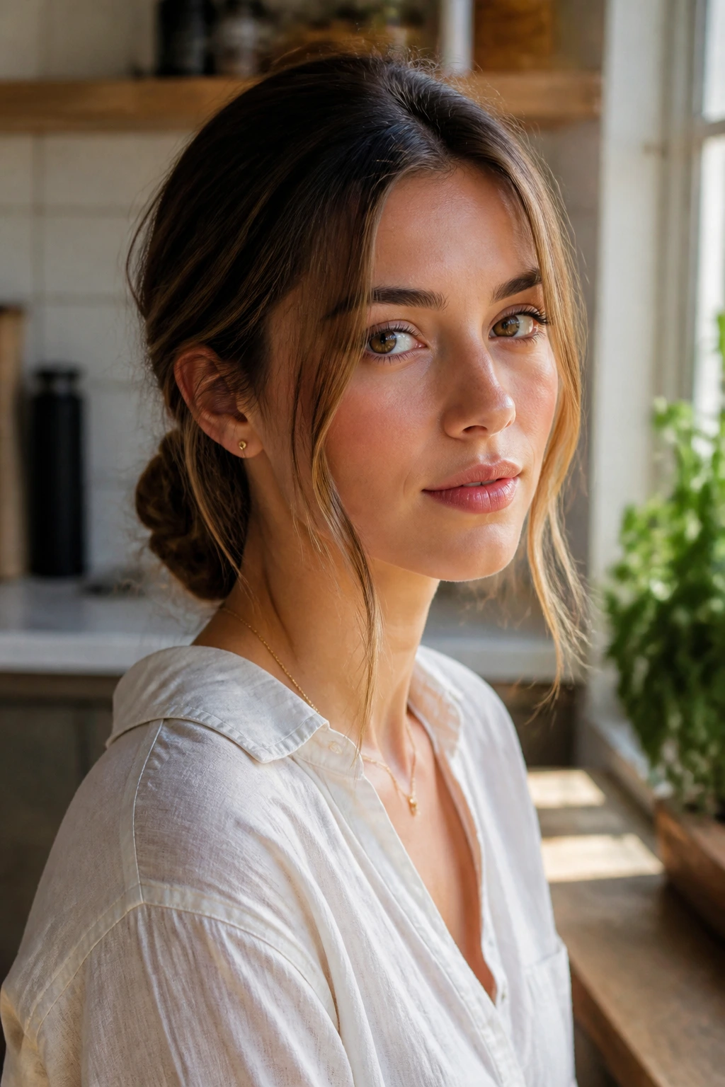 Close-up of a real woman with a low knot and face-framing pieces at the sides.