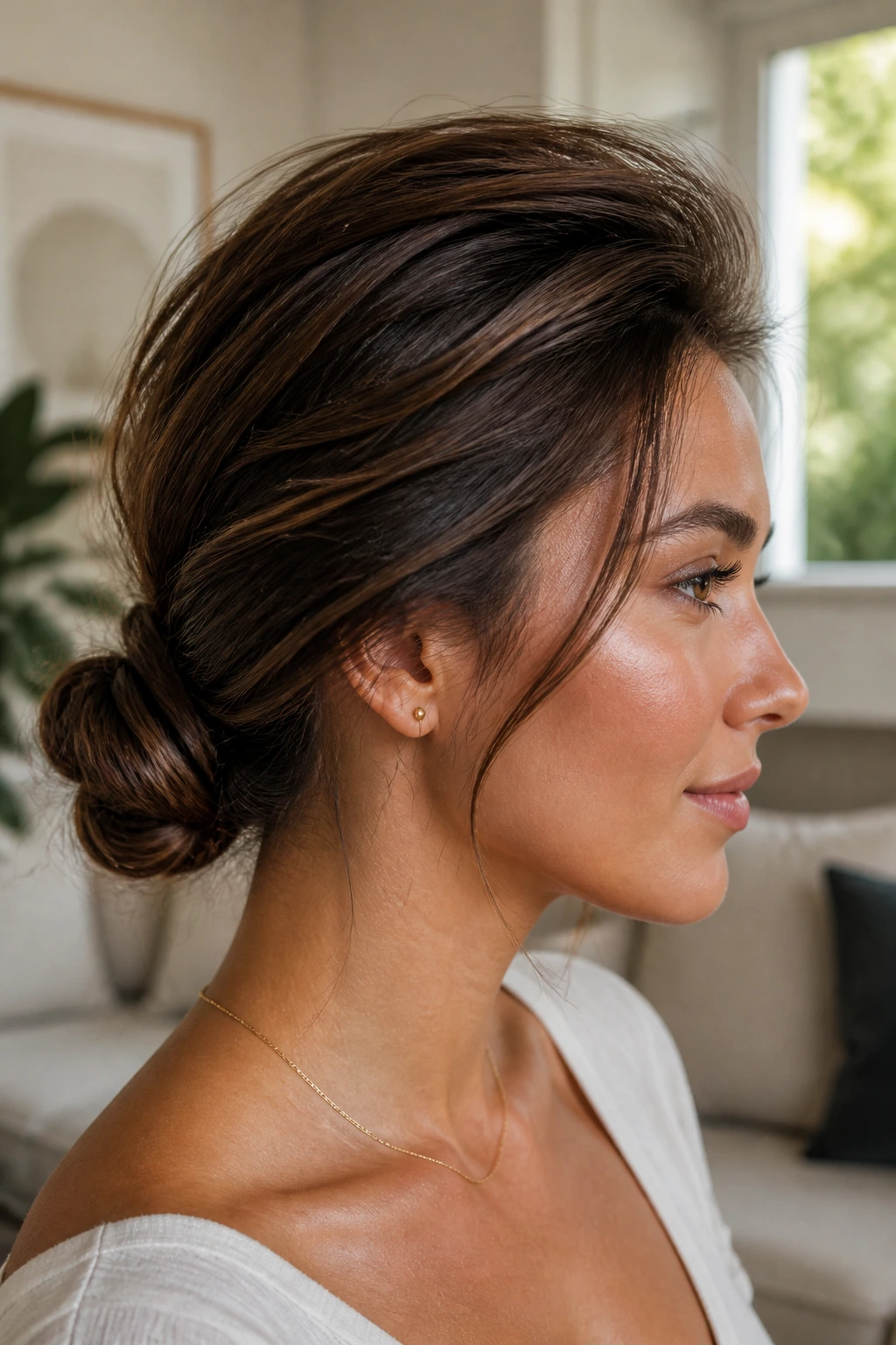Close-up portrait of a real woman with a low knot and lifted crown.