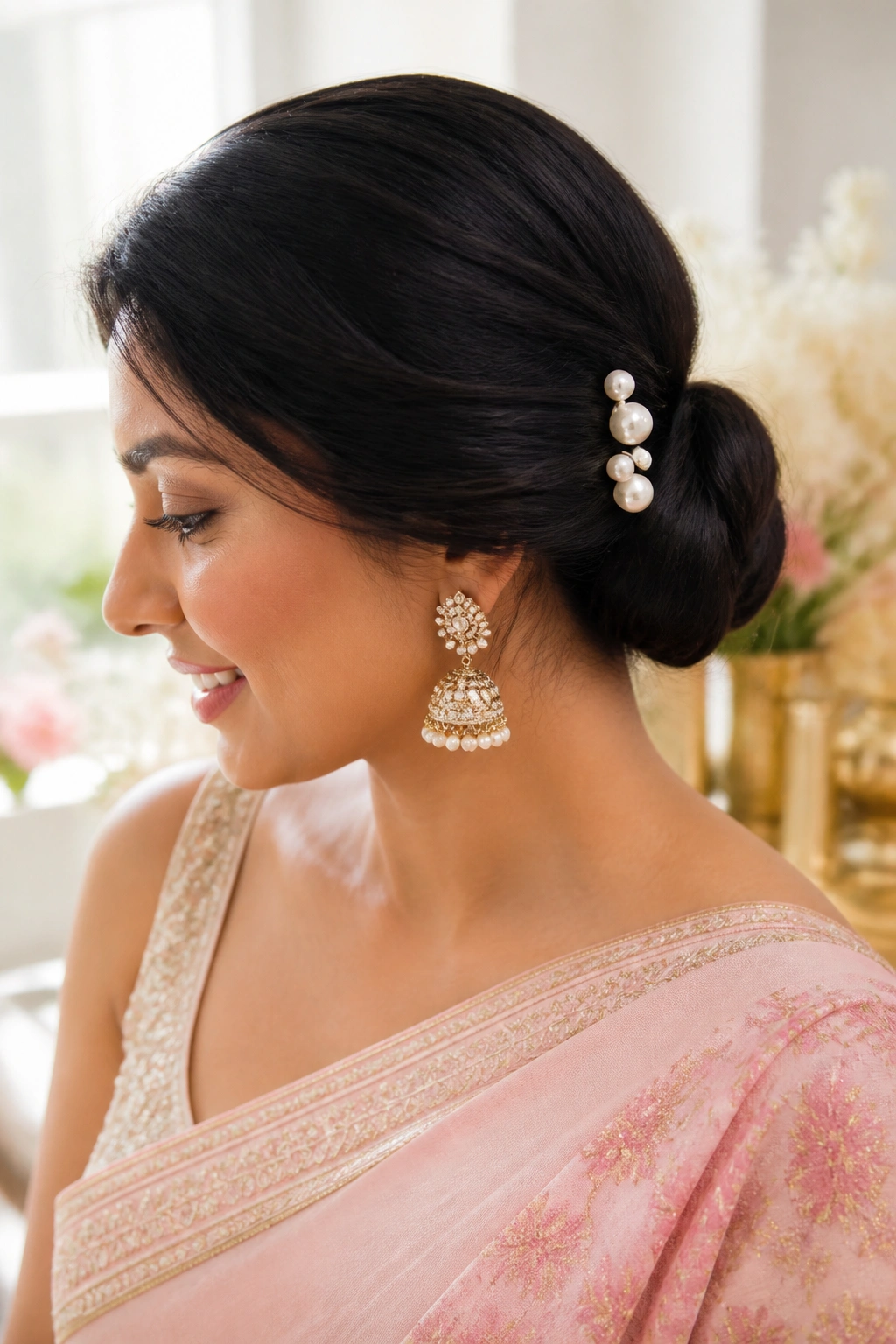 Close-up of Neat Low Knot With Pearl Pins hairstyle on a real woman wearing a saree